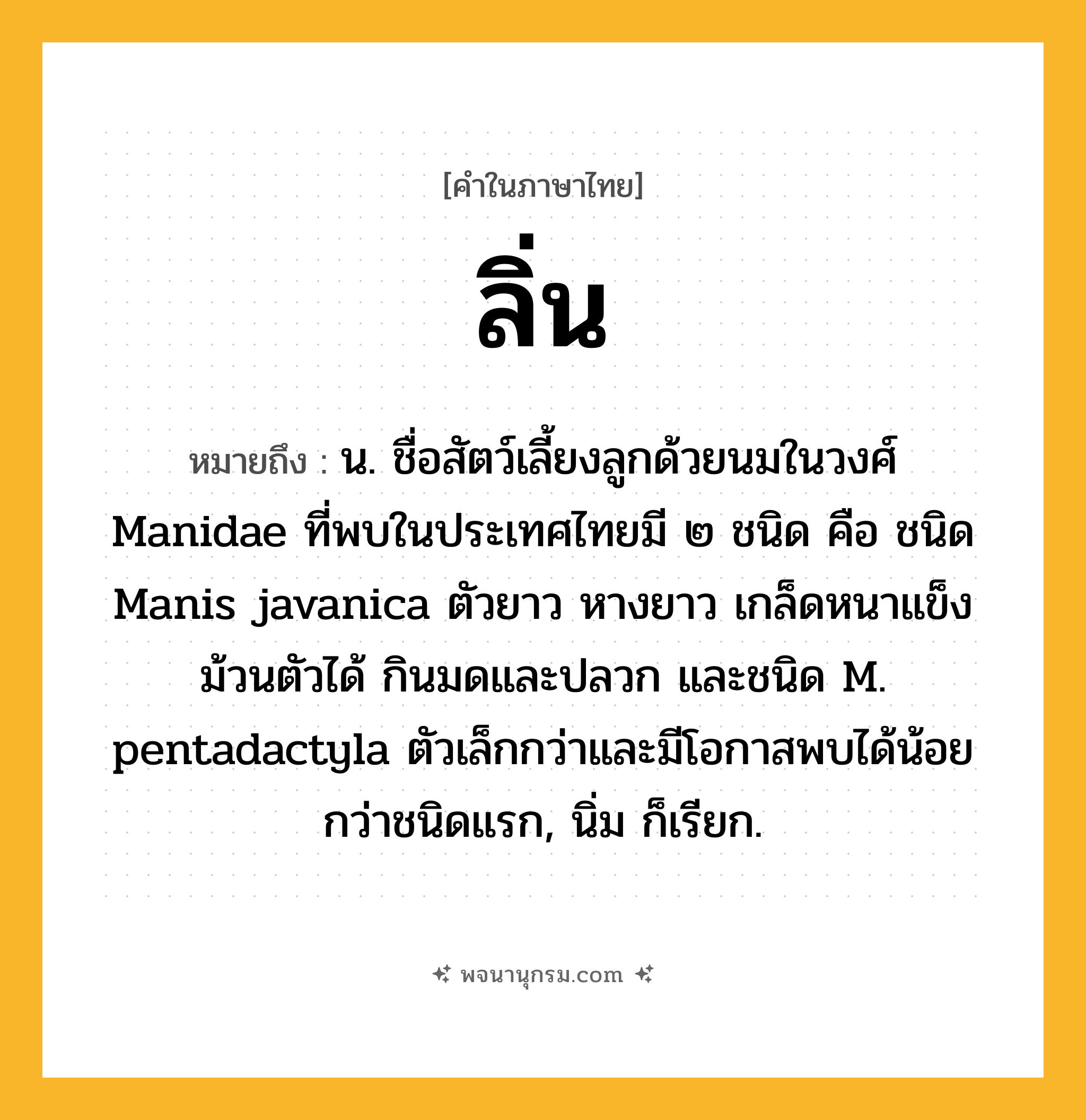 ลิ่น ความหมาย หมายถึงอะไร?, คำในภาษาไทย ลิ่น หมายถึง น. ชื่อสัตว์เลี้ยงลูกด้วยนมในวงศ์ Manidae ที่พบในประเทศไทยมี ๒ ชนิด คือ ชนิด Manis javanica ตัวยาว หางยาว เกล็ดหนาแข็ง ม้วนตัวได้ กินมดและปลวก และชนิด M. pentadactyla ตัวเล็กกว่าและมีโอกาสพบได้น้อยกว่าชนิดแรก, นิ่ม ก็เรียก.