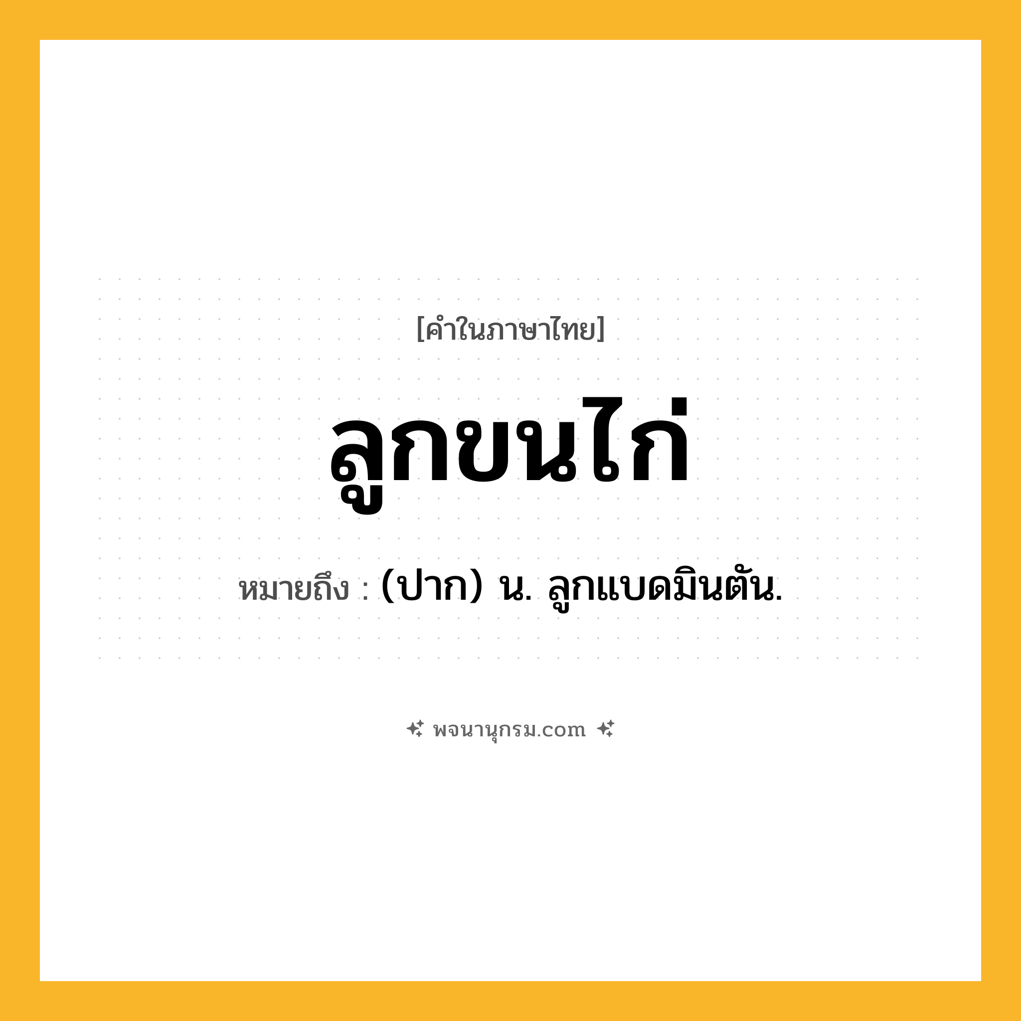 ลูกขนไก่ ความหมาย หมายถึงอะไร?, คำในภาษาไทย ลูกขนไก่ หมายถึง (ปาก) น. ลูกแบดมินตัน.