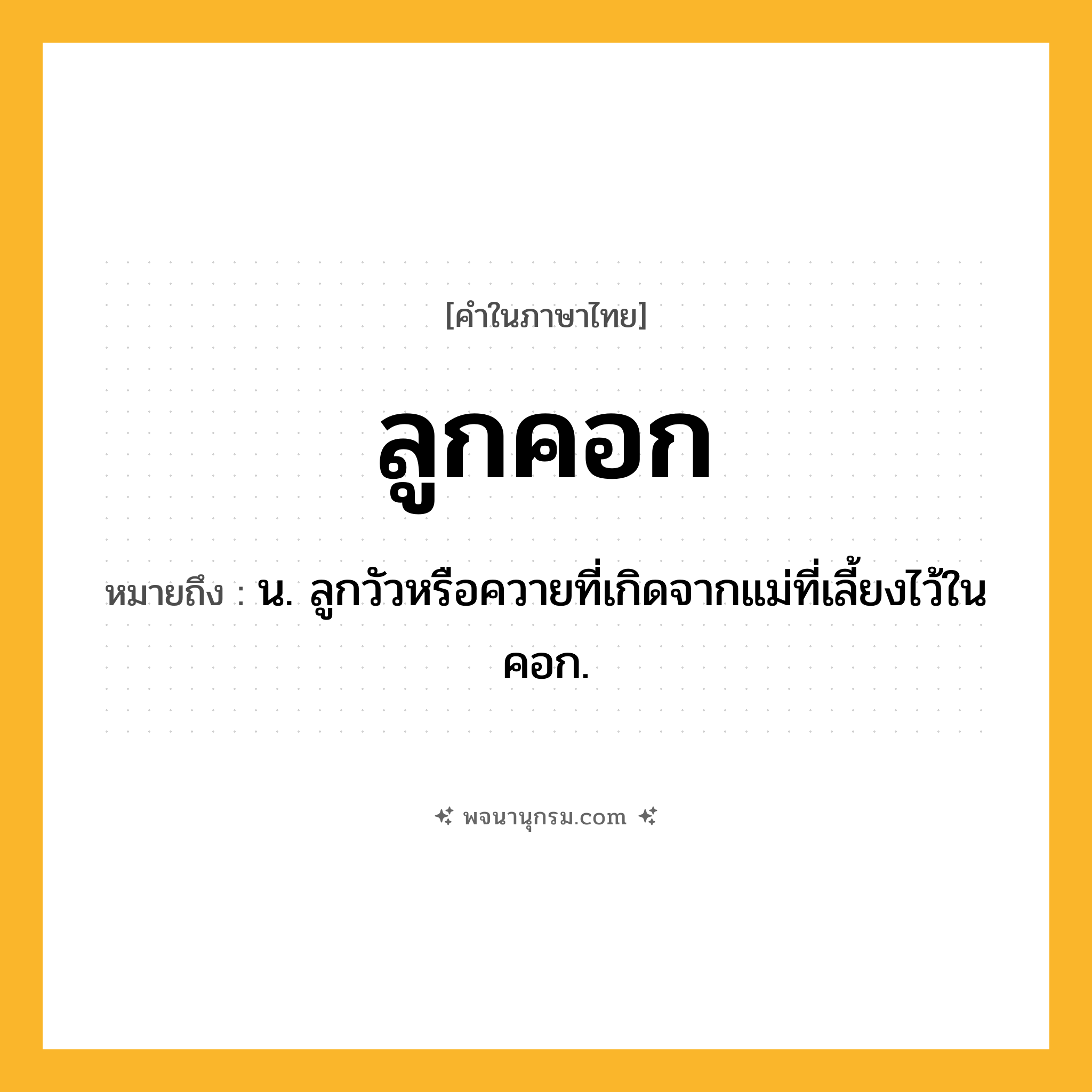 ลูกคอก ความหมาย หมายถึงอะไร?, คำในภาษาไทย ลูกคอก หมายถึง น. ลูกวัวหรือควายที่เกิดจากแม่ที่เลี้ยงไว้ในคอก.