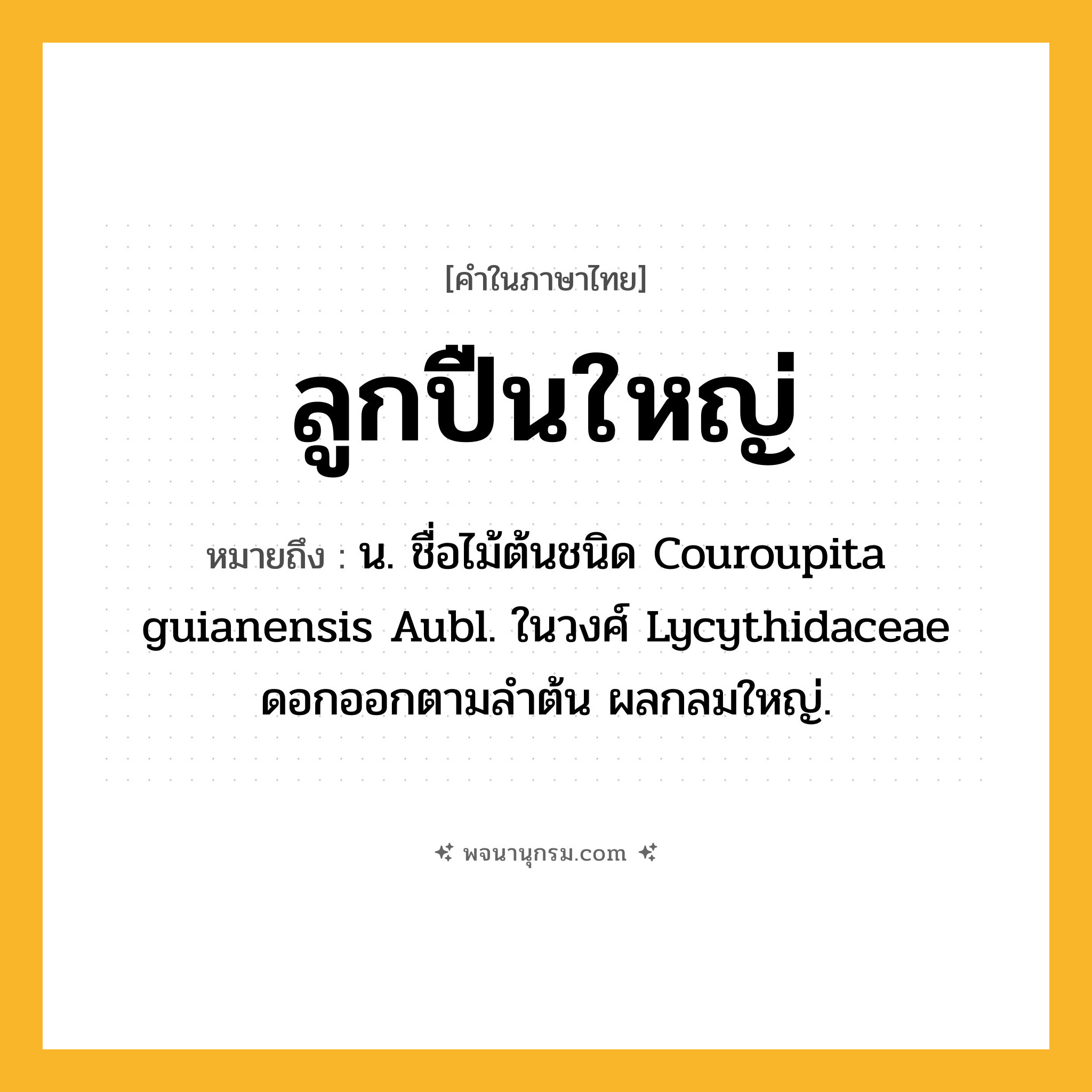 ลูกปืนใหญ่ ความหมาย หมายถึงอะไร?, คำในภาษาไทย ลูกปืนใหญ่ หมายถึง น. ชื่อไม้ต้นชนิด Couroupita guianensis Aubl. ในวงศ์ Lycythidaceae ดอกออกตามลําต้น ผลกลมใหญ่.