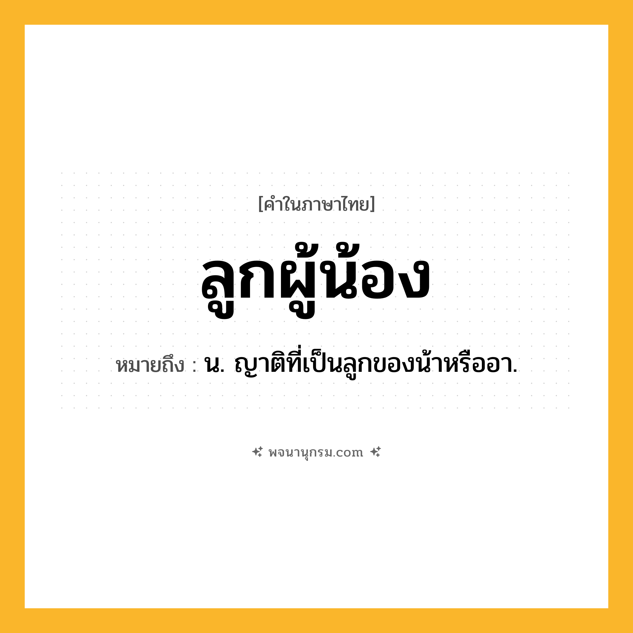 ลูกผู้น้อง ความหมาย หมายถึงอะไร?, คำในภาษาไทย ลูกผู้น้อง หมายถึง น. ญาติที่เป็นลูกของน้าหรืออา.