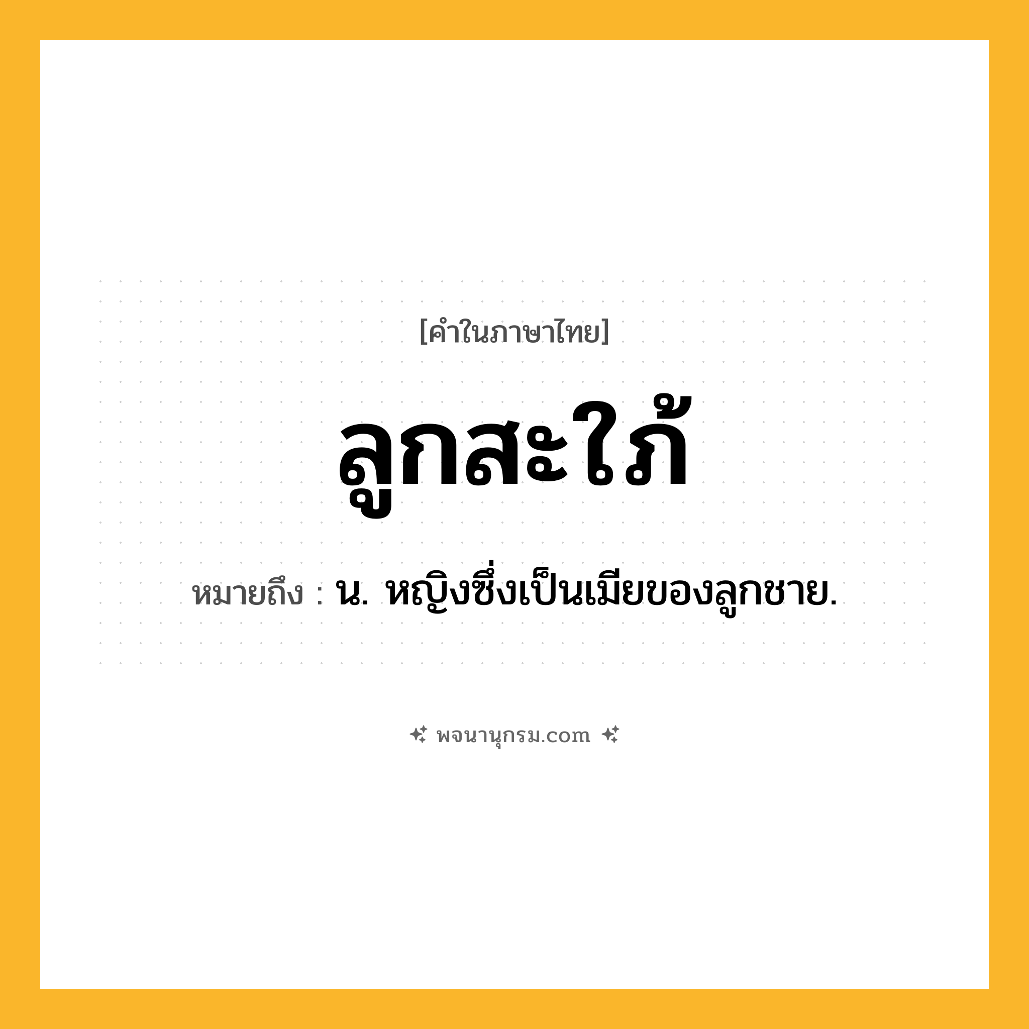 ลูกสะใภ้ ความหมาย หมายถึงอะไร?, คำในภาษาไทย ลูกสะใภ้ หมายถึง น. หญิงซึ่งเป็นเมียของลูกชาย.