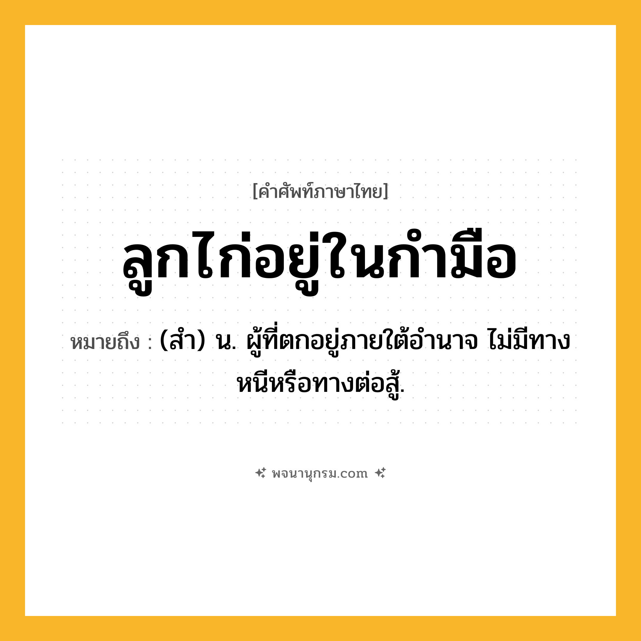 ลูกไก่อยู่ในกำมือ ความหมาย หมายถึงอะไร?, คำในภาษาไทย ลูกไก่อยู่ในกำมือ หมายถึง (สํา) น. ผู้ที่ตกอยู่ภายใต้อำนาจ ไม่มีทางหนีหรือทางต่อสู้.