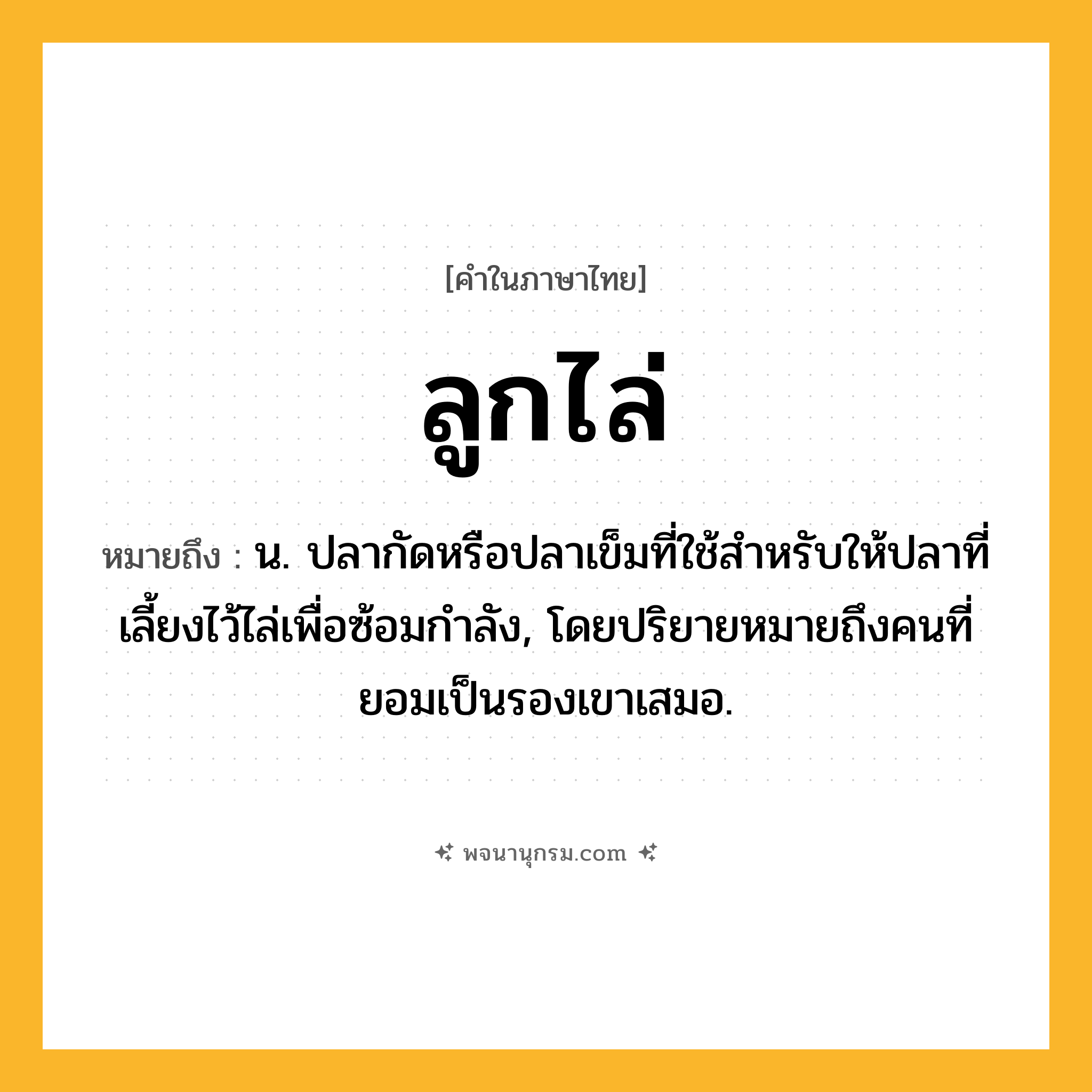ลูกไล่ ความหมาย หมายถึงอะไร?, คำในภาษาไทย ลูกไล่ หมายถึง น. ปลากัดหรือปลาเข็มที่ใช้สําหรับให้ปลาที่เลี้ยงไว้ไล่เพื่อซ้อมกําลัง, โดยปริยายหมายถึงคนที่ยอมเป็นรองเขาเสมอ.