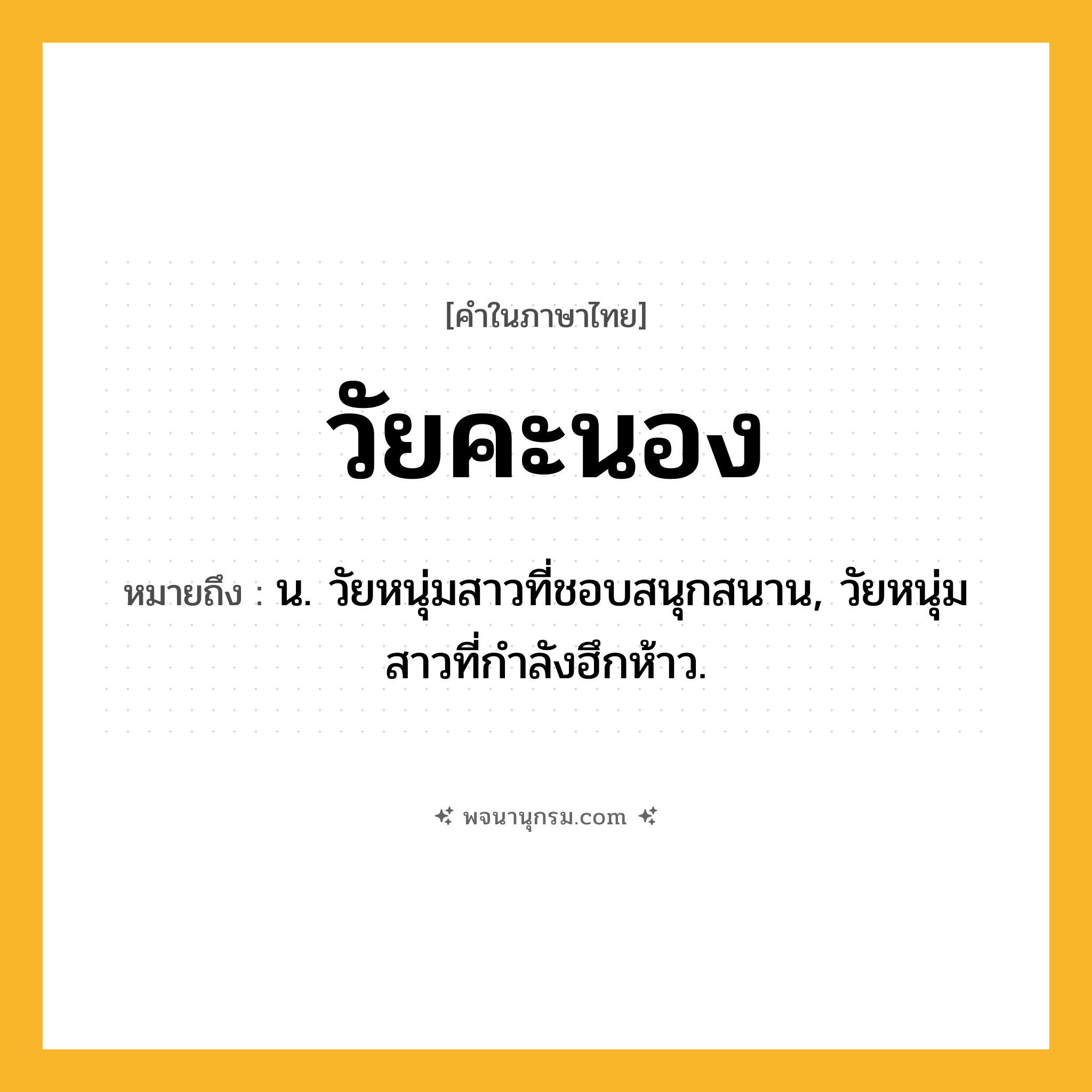 วัยคะนอง ความหมาย หมายถึงอะไร?, คำในภาษาไทย วัยคะนอง หมายถึง น. วัยหนุ่มสาวที่ชอบสนุกสนาน, วัยหนุ่มสาวที่กำลังฮึกห้าว.