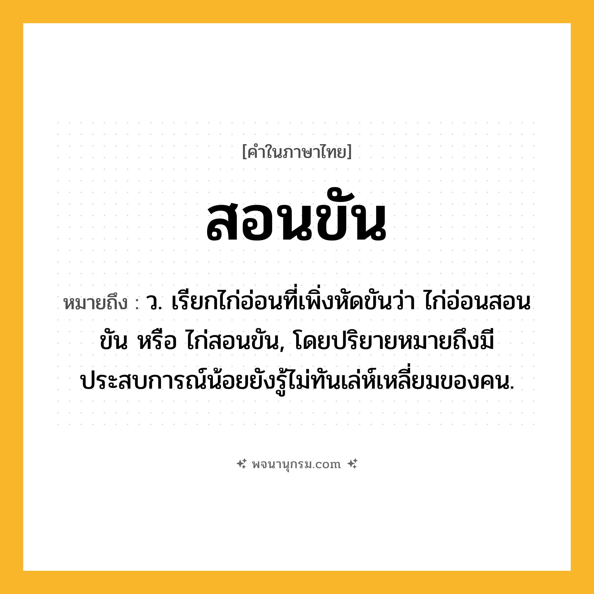 สอนขัน ความหมาย หมายถึงอะไร?, คำในภาษาไทย สอนขัน หมายถึง ว. เรียกไก่อ่อนที่เพิ่งหัดขันว่า ไก่อ่อนสอนขัน หรือ ไก่สอนขัน, โดยปริยายหมายถึงมีประสบการณ์น้อยยังรู้ไม่ทันเล่ห์เหลี่ยมของคน.