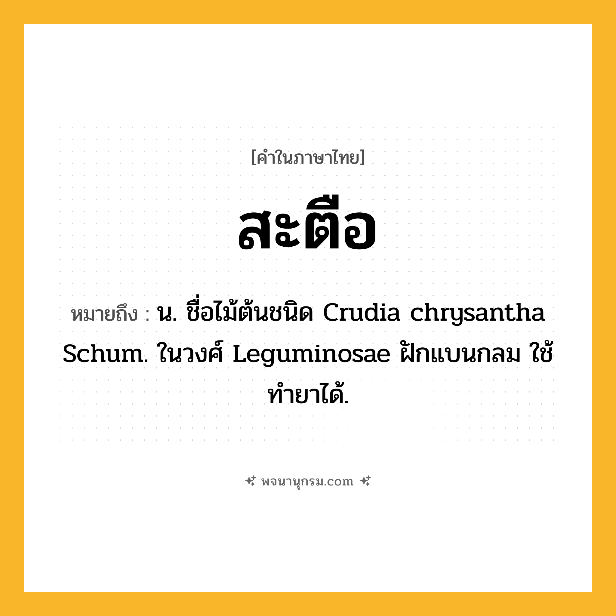 สะตือ ความหมาย หมายถึงอะไร?, คำในภาษาไทย สะตือ หมายถึง น. ชื่อไม้ต้นชนิด Crudia chrysantha Schum. ในวงศ์ Leguminosae ฝักแบนกลม ใช้ทํายาได้.