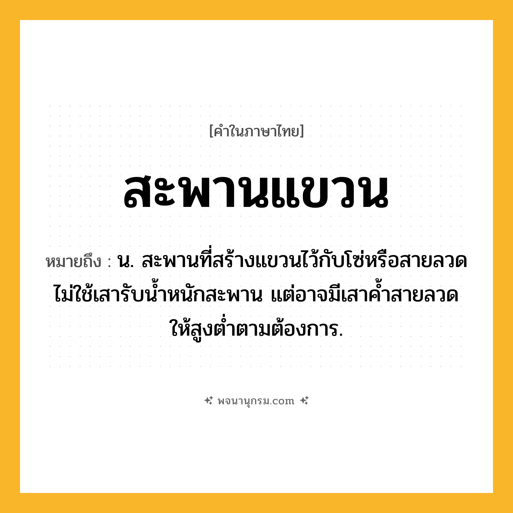สะพานแขวน ความหมาย หมายถึงอะไร?, คำในภาษาไทย สะพานแขวน หมายถึง น. สะพานที่สร้างแขวนไว้กับโซ่หรือสายลวด ไม่ใช้เสารับนํ้าหนักสะพาน แต่อาจมีเสาคํ้าสายลวดให้สูงตํ่าตามต้องการ.