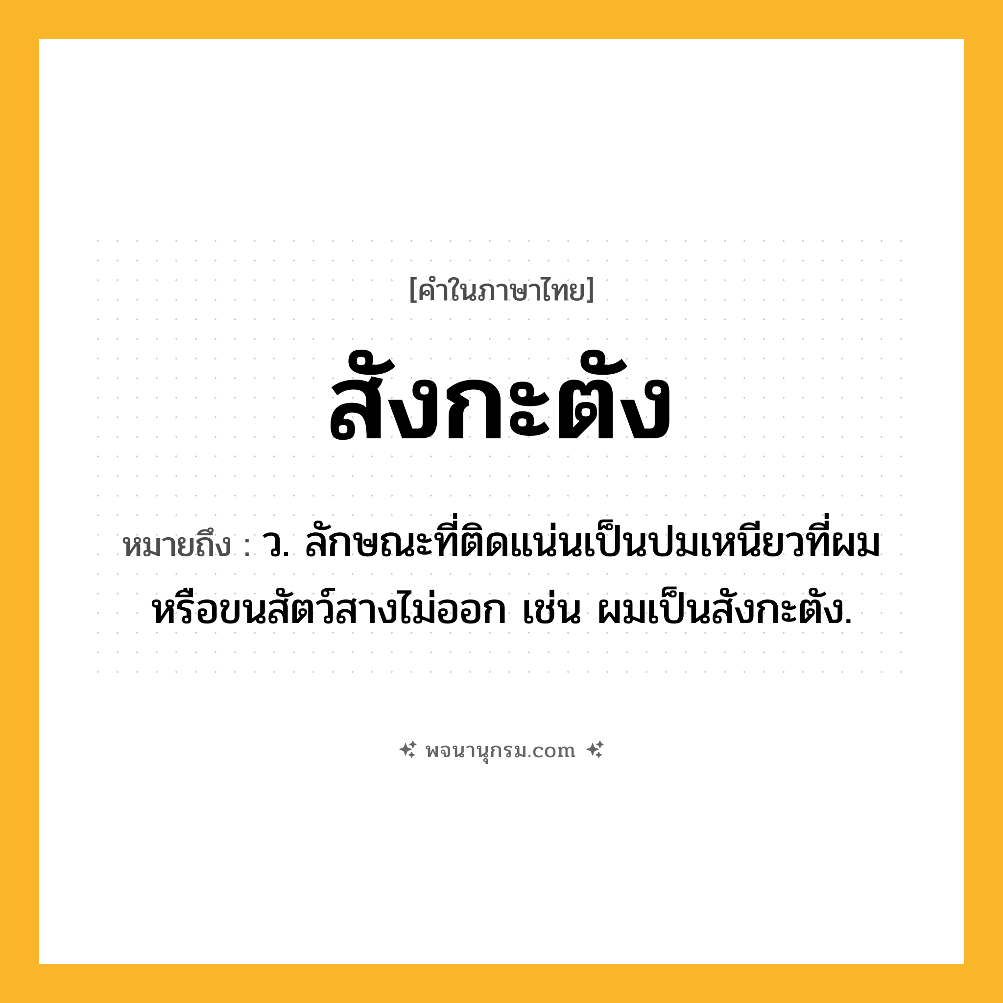 สังกะตัง ความหมาย หมายถึงอะไร?, คำในภาษาไทย สังกะตัง หมายถึง ว. ลักษณะที่ติดแน่นเป็นปมเหนียวที่ผมหรือขนสัตว์สางไม่ออก เช่น ผมเป็นสังกะตัง.