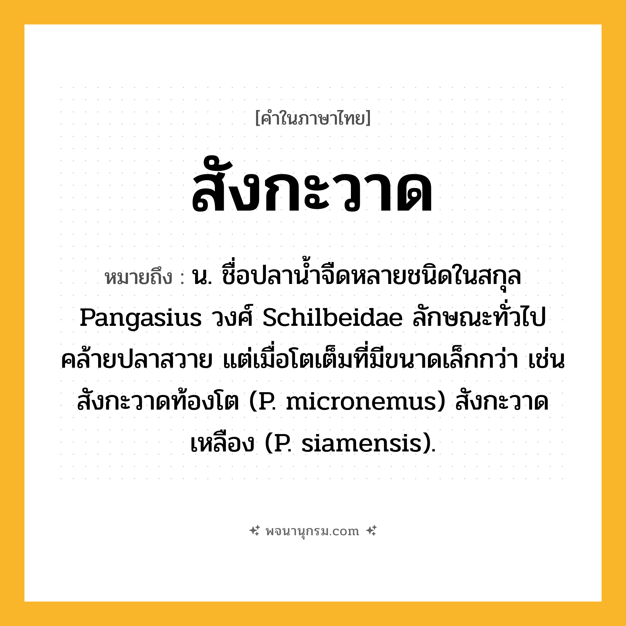 สังกะวาด ความหมาย หมายถึงอะไร?, คำในภาษาไทย สังกะวาด หมายถึง น. ชื่อปลานํ้าจืดหลายชนิดในสกุล Pangasius วงศ์ Schilbeidae ลักษณะทั่วไปคล้ายปลาสวาย แต่เมื่อโตเต็มที่มีขนาดเล็กกว่า เช่น สังกะวาดท้องโต (P. micronemus) สังกะวาดเหลือง (P. siamensis).