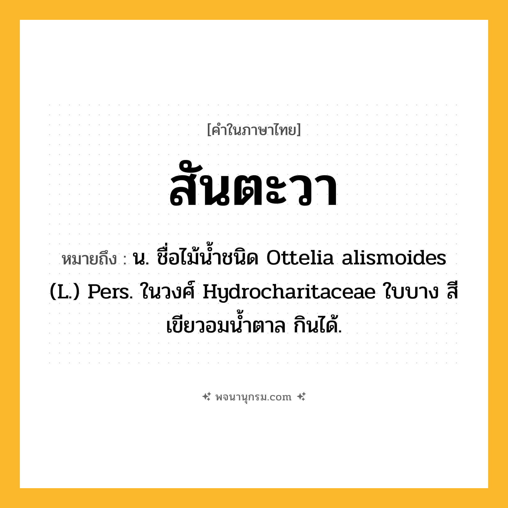 สันตะวา ความหมาย หมายถึงอะไร?, คำในภาษาไทย สันตะวา หมายถึง น. ชื่อไม้นํ้าชนิด Ottelia alismoides (L.) Pers. ในวงศ์ Hydrocharitaceae ใบบาง สีเขียวอมนํ้าตาล กินได้.