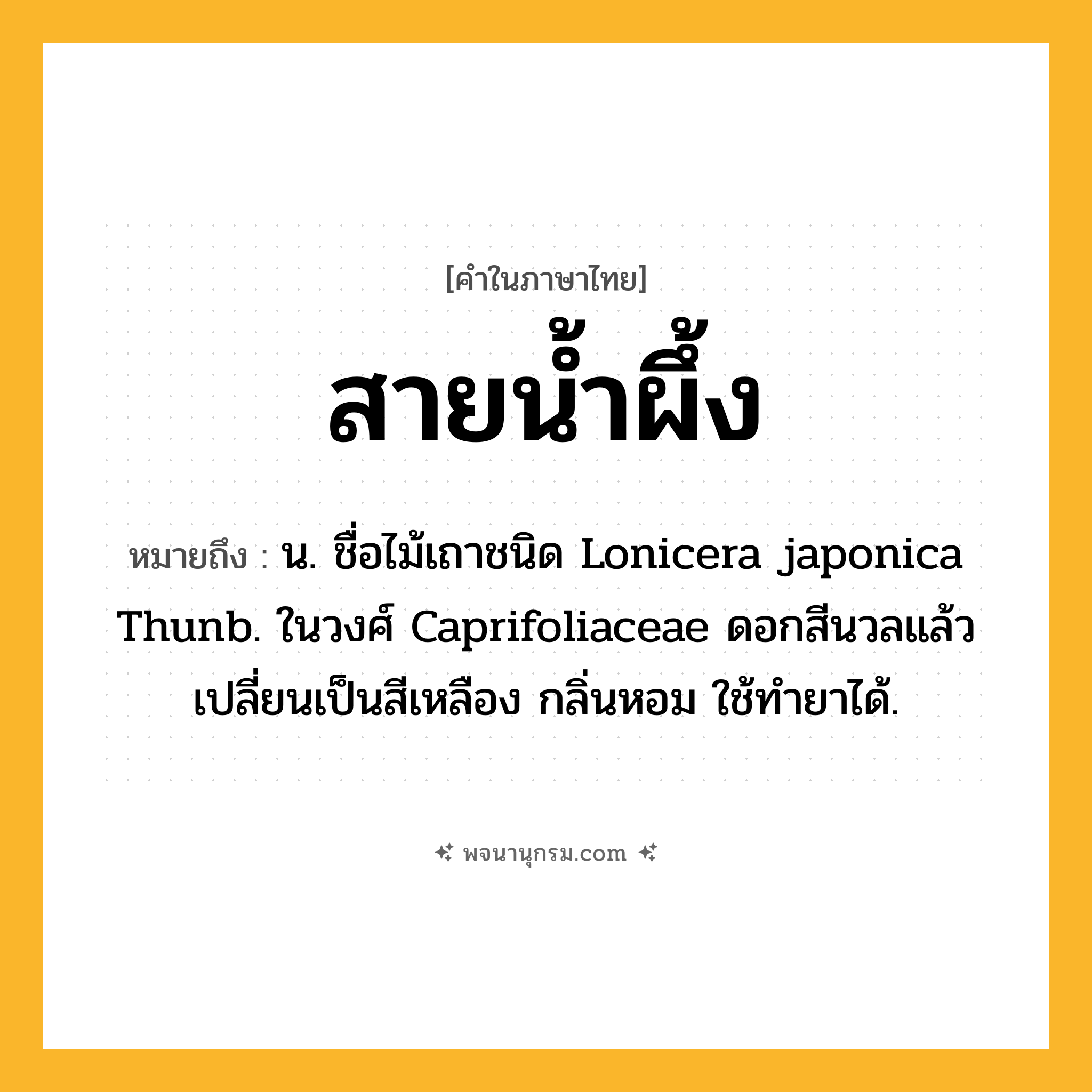 สายน้ำผึ้ง ความหมาย หมายถึงอะไร?, คำในภาษาไทย สายน้ำผึ้ง หมายถึง น. ชื่อไม้เถาชนิด Lonicera japonica Thunb. ในวงศ์ Caprifoliaceae ดอกสีนวลแล้วเปลี่ยนเป็นสีเหลือง กลิ่นหอม ใช้ทํายาได้.