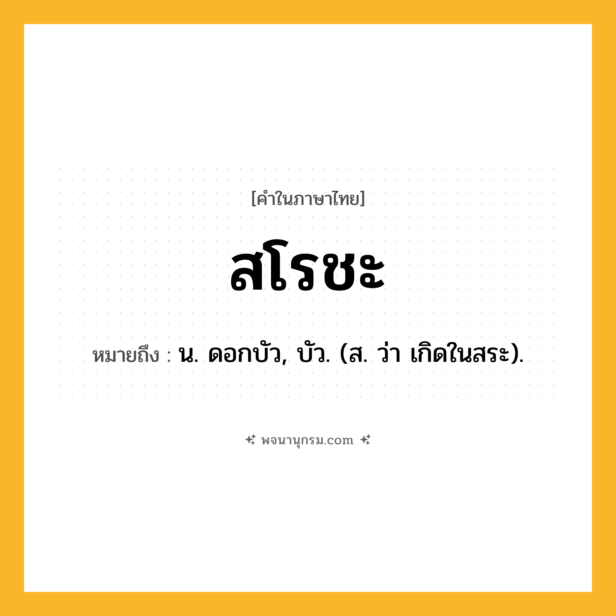 สโรชะ ความหมาย หมายถึงอะไร?, คำในภาษาไทย สโรชะ หมายถึง น. ดอกบัว, บัว. (ส. ว่า เกิดในสระ).