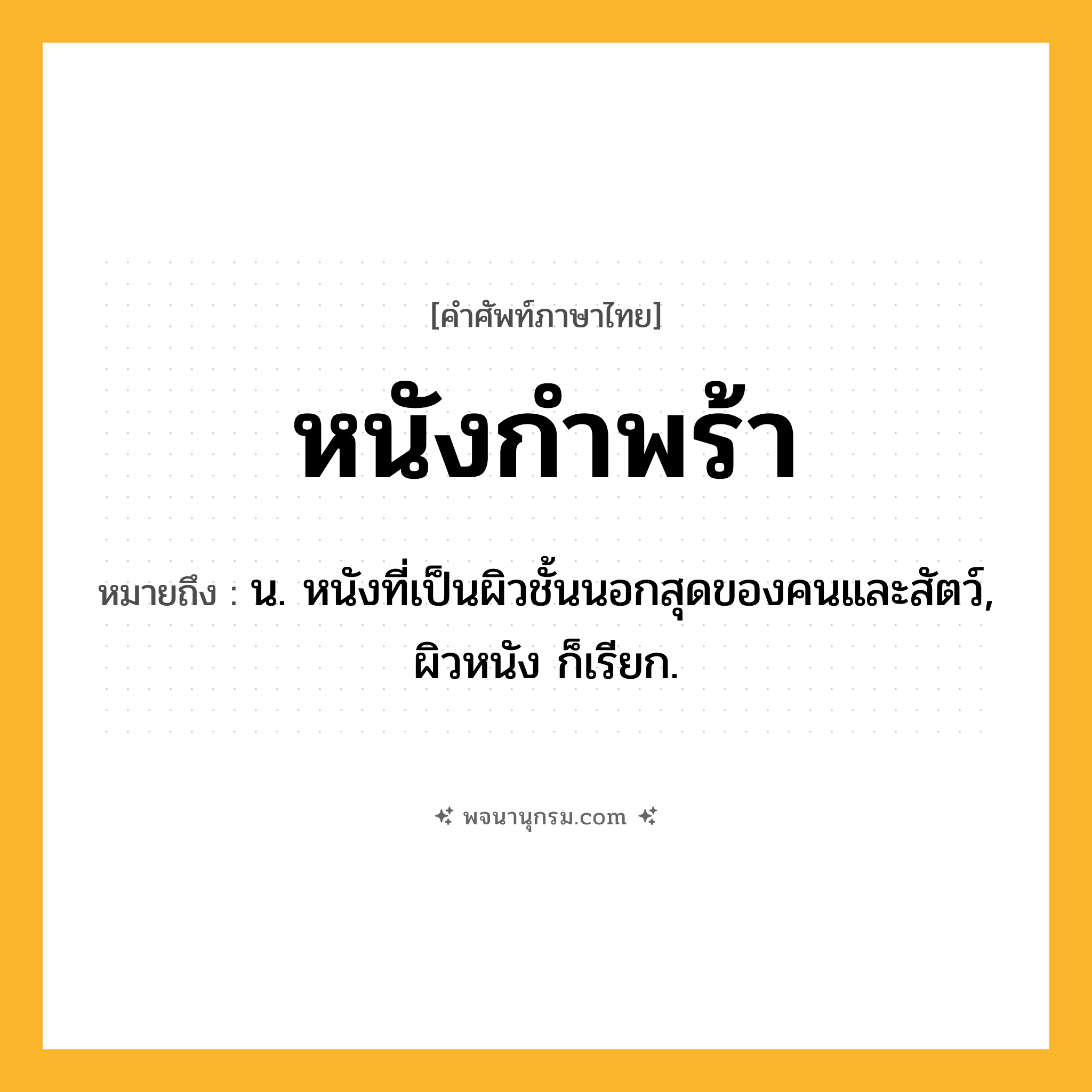 หนังกำพร้า ความหมาย หมายถึงอะไร?, คำในภาษาไทย หนังกำพร้า หมายถึง น. หนังที่เป็นผิวชั้นนอกสุดของคนและสัตว์, ผิวหนัง ก็เรียก.
