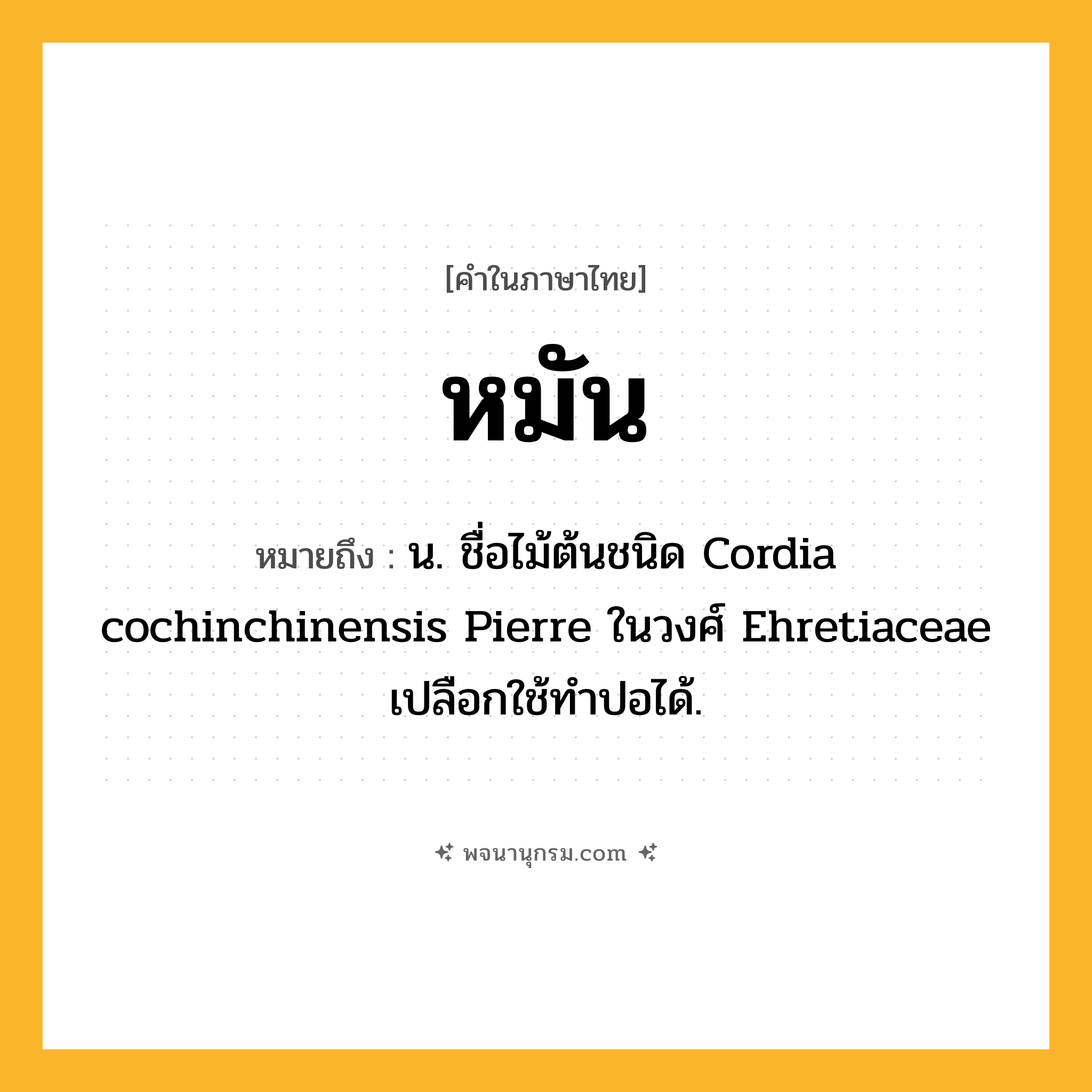 หมัน ความหมาย หมายถึงอะไร?, คำในภาษาไทย หมัน หมายถึง น. ชื่อไม้ต้นชนิด Cordia cochinchinensis Pierre ในวงศ์ Ehretiaceae เปลือกใช้ทําปอได้.