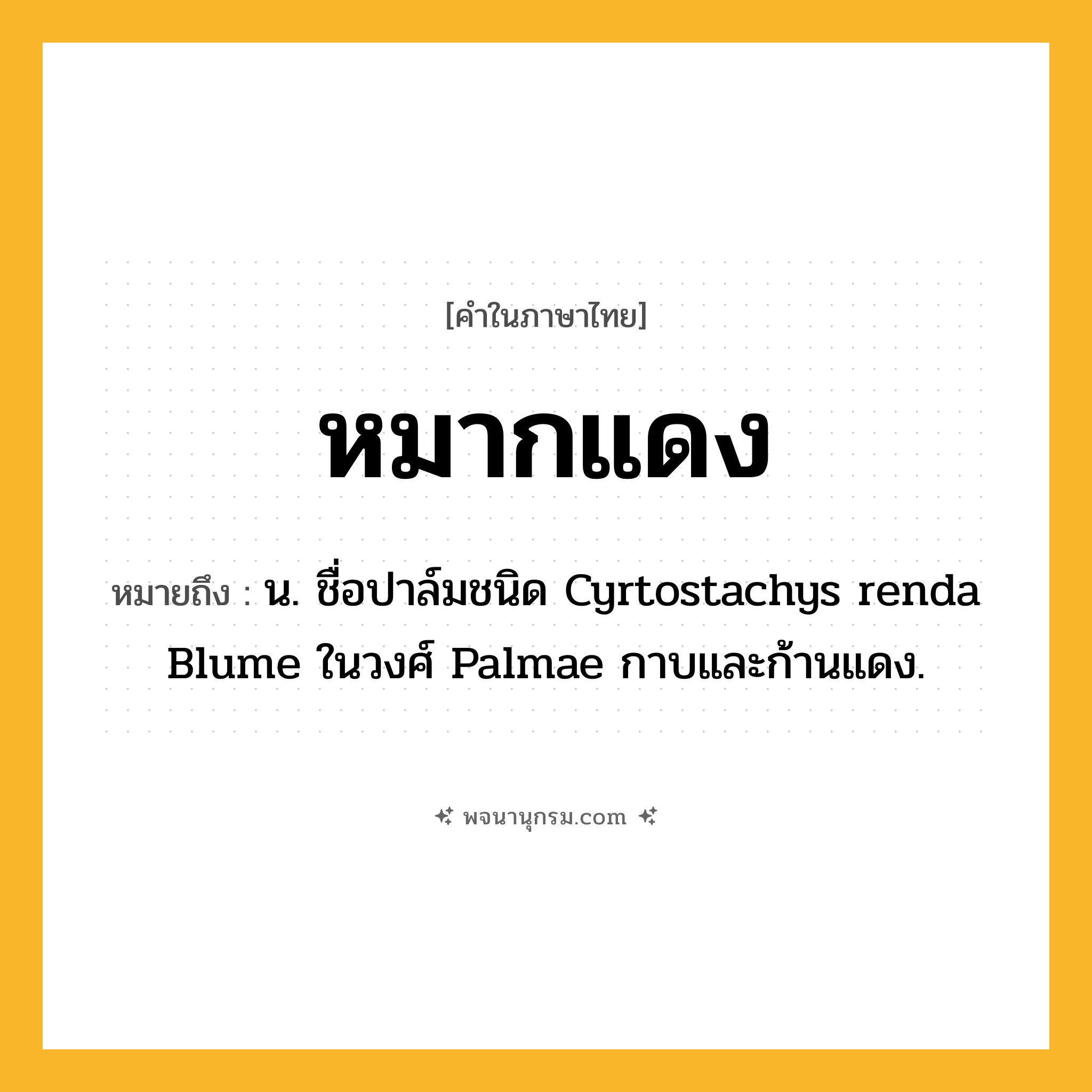 หมากแดง ความหมาย หมายถึงอะไร?, คำในภาษาไทย หมากแดง หมายถึง น. ชื่อปาล์มชนิด Cyrtostachys renda Blume ในวงศ์ Palmae กาบและก้านแดง.