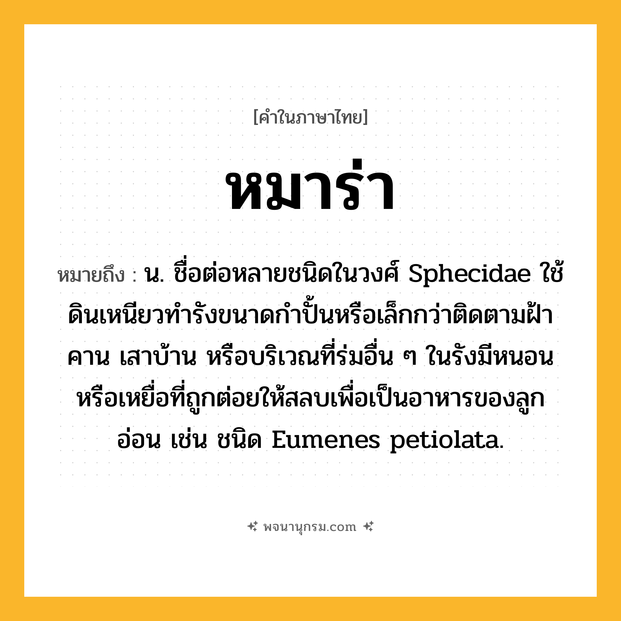 หมาร่า ความหมาย หมายถึงอะไร?, คำในภาษาไทย หมาร่า หมายถึง น. ชื่อต่อหลายชนิดในวงศ์ Sphecidae ใช้ดินเหนียวทํารังขนาดกําปั้นหรือเล็กกว่าติดตามฝ้า คาน เสาบ้าน หรือบริเวณที่ร่มอื่น ๆ ในรังมีหนอนหรือเหยื่อที่ถูกต่อยให้สลบเพื่อเป็นอาหารของลูกอ่อน เช่น ชนิด Eumenes petiolata.