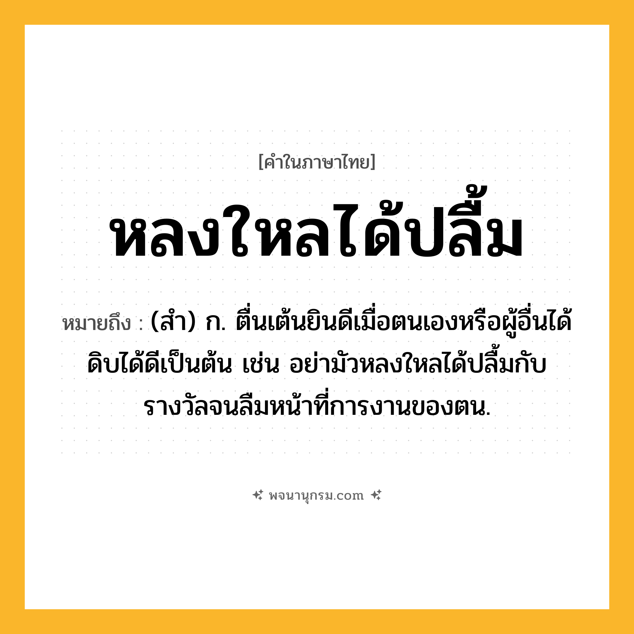 หลงใหลได้ปลื้ม ความหมาย หมายถึงอะไร?, คำในภาษาไทย หลงใหลได้ปลื้ม หมายถึง (สำ) ก. ตื่นเต้นยินดีเมื่อตนเองหรือผู้อื่นได้ดิบได้ดีเป็นต้น เช่น อย่ามัวหลงใหลได้ปลื้มกับรางวัลจนลืมหน้าที่การงานของตน.
