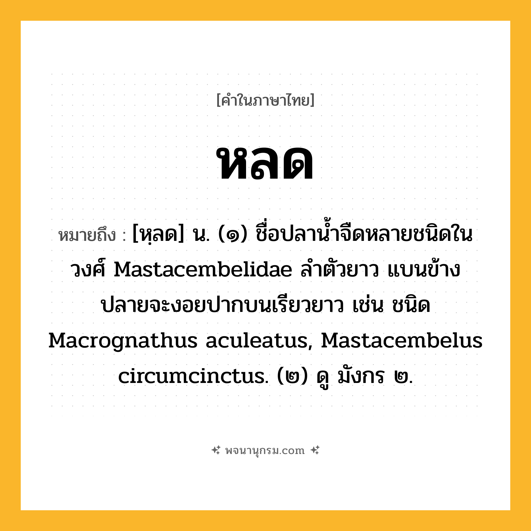 หลด ความหมาย หมายถึงอะไร?, คำในภาษาไทย หลด หมายถึง [หฺลด] น. (๑) ชื่อปลานํ้าจืดหลายชนิดในวงศ์ Mastacembelidae ลําตัวยาว แบนข้าง ปลายจะงอยปากบนเรียวยาว เช่น ชนิด Macrognathus aculeatus, Mastacembelus circumcinctus. (๒) ดู มังกร ๒.