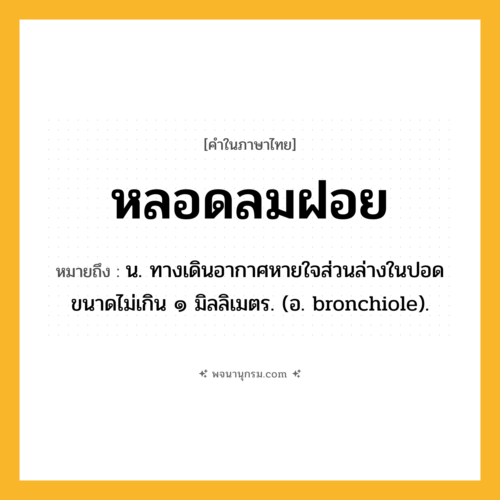 หลอดลมฝอย ความหมาย หมายถึงอะไร?, คำในภาษาไทย หลอดลมฝอย หมายถึง น. ทางเดินอากาศหายใจส่วนล่างในปอด ขนาดไม่เกิน ๑ มิลลิเมตร. (อ. bronchiole).