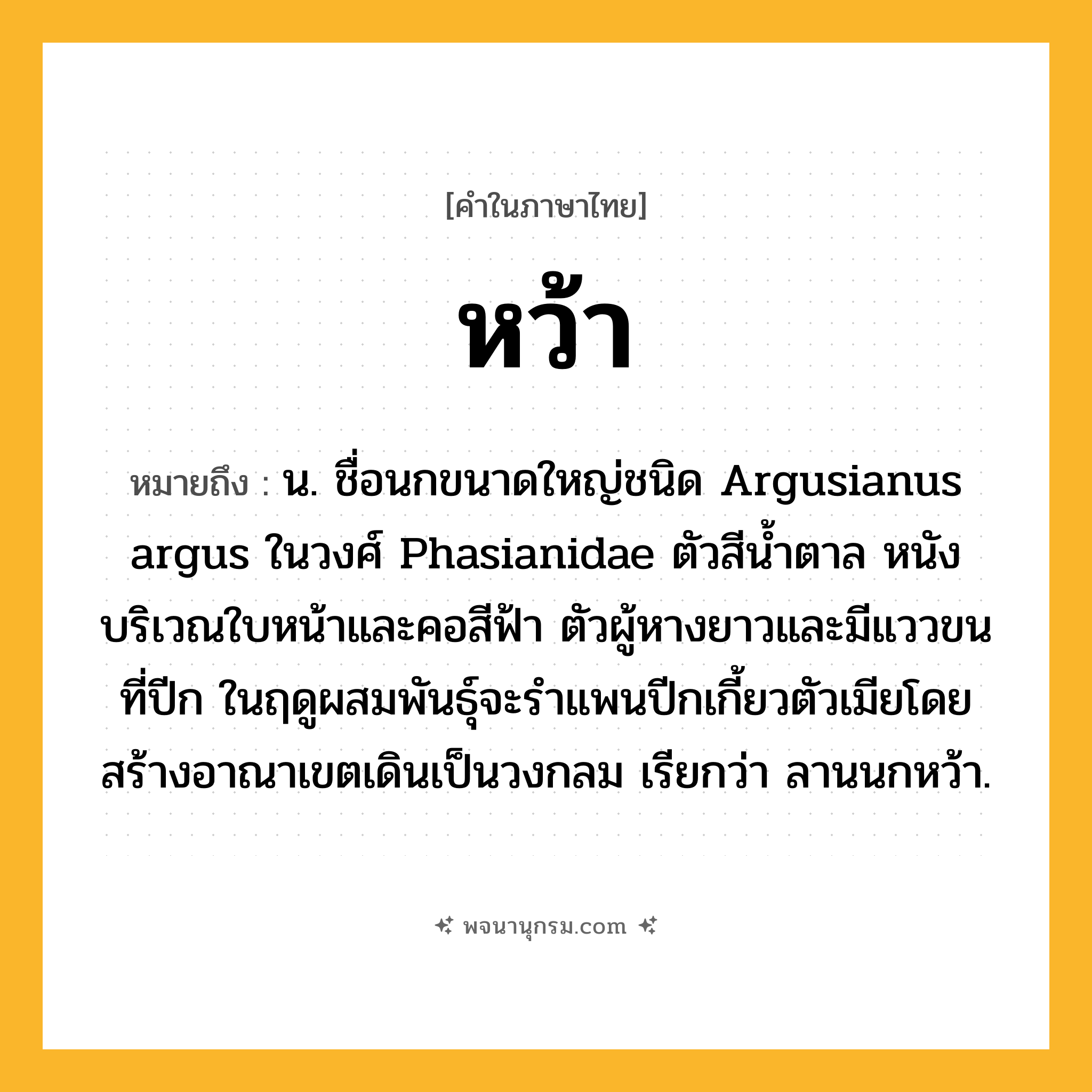 หว้า ความหมาย หมายถึงอะไร?, คำในภาษาไทย หว้า หมายถึง น. ชื่อนกขนาดใหญ่ชนิด Argusianus argus ในวงศ์ Phasianidae ตัวสีน้ำตาล หนังบริเวณใบหน้าและคอสีฟ้า ตัวผู้หางยาวและมีแววขนที่ปีก ในฤดูผสมพันธุ์จะรำแพนปีกเกี้ยวตัวเมียโดยสร้างอาณาเขตเดินเป็นวงกลม เรียกว่า ลานนกหว้า.