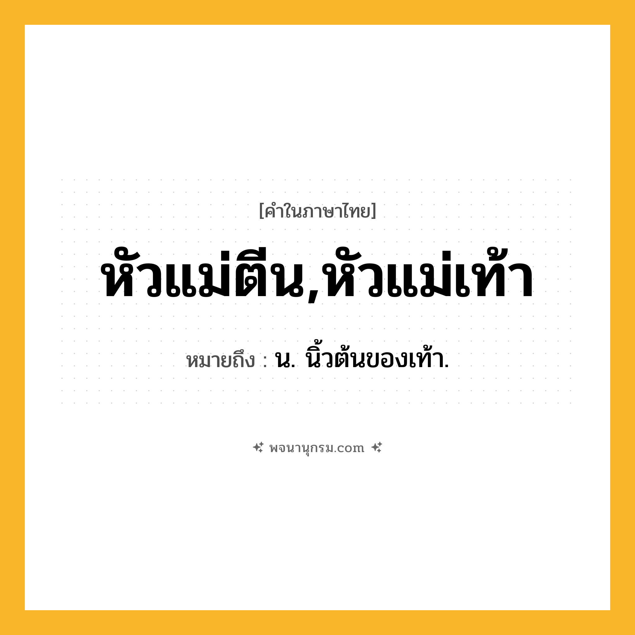 หัวแม่ตีน,หัวแม่เท้า ความหมาย หมายถึงอะไร?, คำในภาษาไทย หัวแม่ตีน,หัวแม่เท้า หมายถึง น. นิ้วต้นของเท้า.