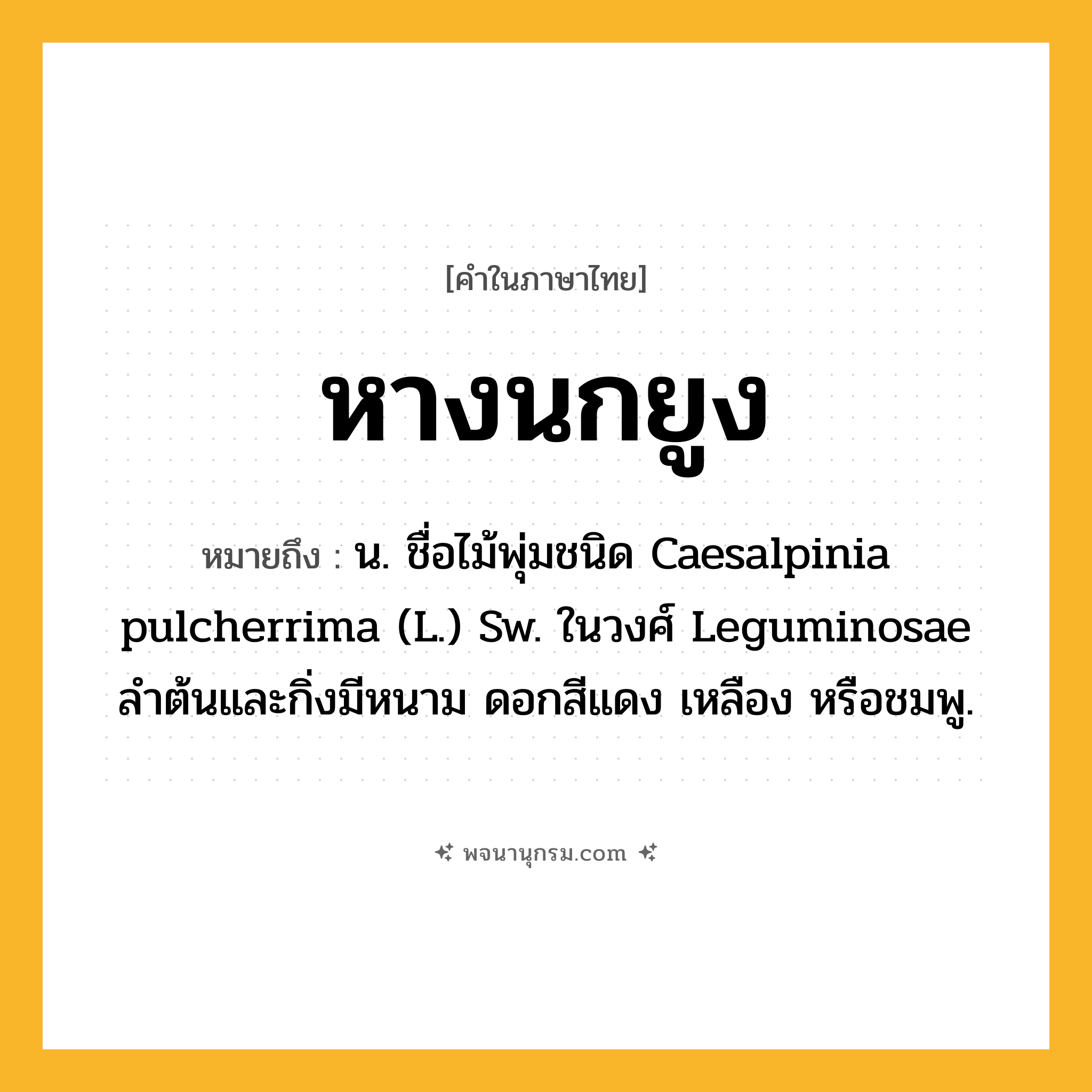 หางนกยูง ความหมาย หมายถึงอะไร?, คำในภาษาไทย หางนกยูง หมายถึง น. ชื่อไม้พุ่มชนิด Caesalpinia pulcherrima (L.) Sw. ในวงศ์ Leguminosae ลําต้นและกิ่งมีหนาม ดอกสีแดง เหลือง หรือชมพู.