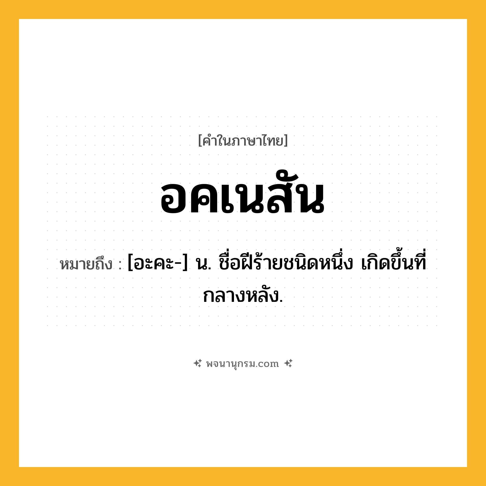 อคเนสัน ความหมาย หมายถึงอะไร?, คำในภาษาไทย อคเนสัน หมายถึง [อะคะ-] น. ชื่อฝีร้ายชนิดหนึ่ง เกิดขึ้นที่กลางหลัง.