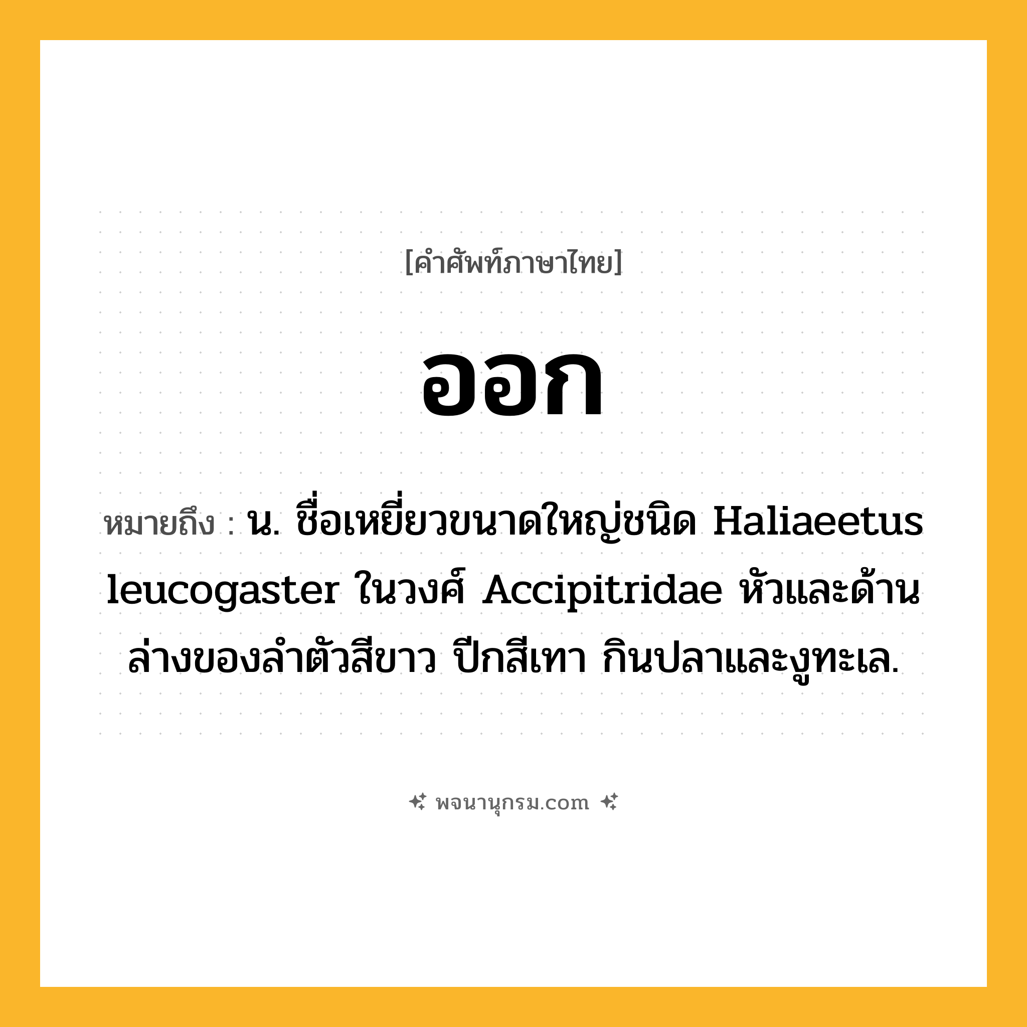 ออก ความหมาย หมายถึงอะไร?, คำในภาษาไทย ออก หมายถึง น. ชื่อเหยี่ยวขนาดใหญ่ชนิด Haliaeetus leucogaster ในวงศ์ Accipitridae หัวและด้านล่างของลําตัวสีขาว ปีกสีเทา กินปลาและงูทะเล.