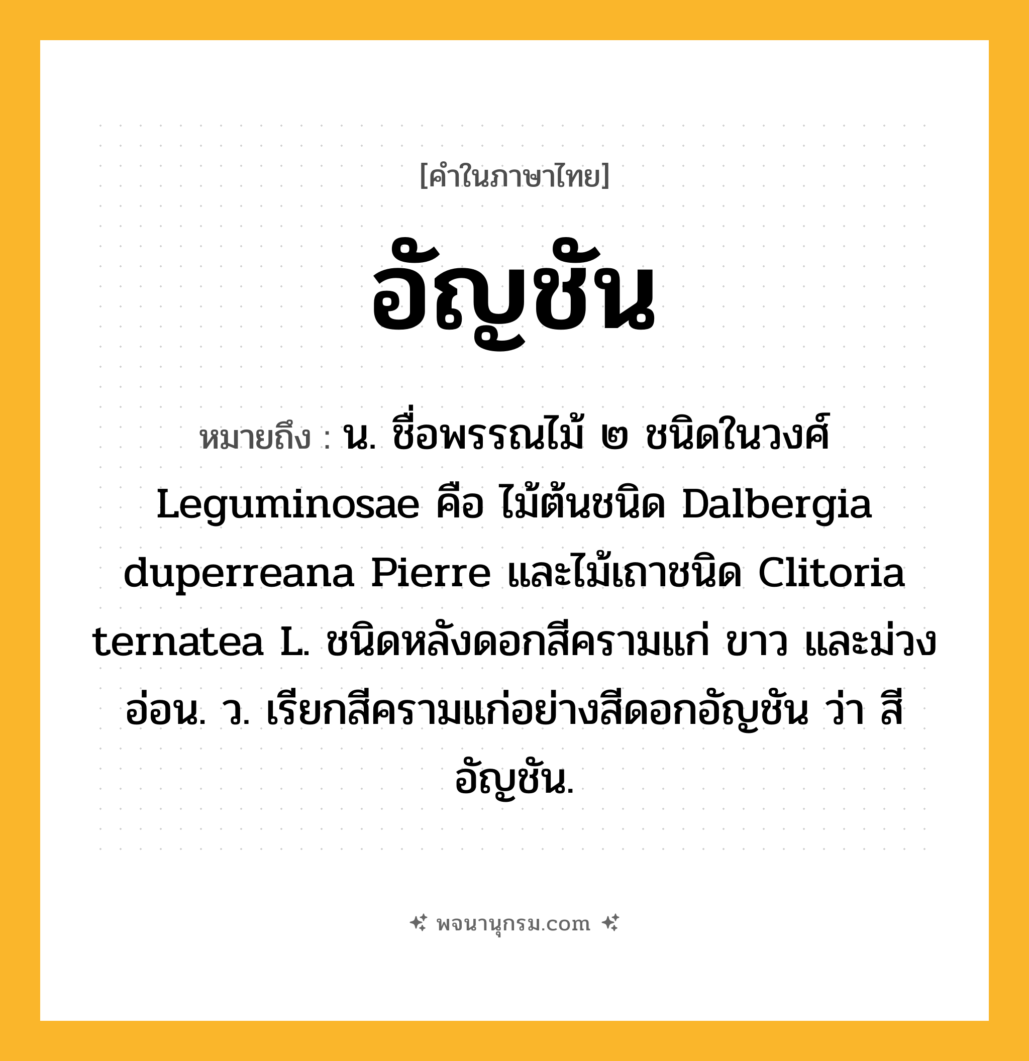 อัญชัน ความหมาย หมายถึงอะไร?, คำในภาษาไทย อัญชัน หมายถึง น. ชื่อพรรณไม้ ๒ ชนิดในวงศ์ Leguminosae คือ ไม้ต้นชนิด Dalbergia duperreana Pierre และไม้เถาชนิด Clitoria ternatea L. ชนิดหลังดอกสีครามแก่ ขาว และม่วงอ่อน. ว. เรียกสีครามแก่อย่างสีดอกอัญชัน ว่า สีอัญชัน.