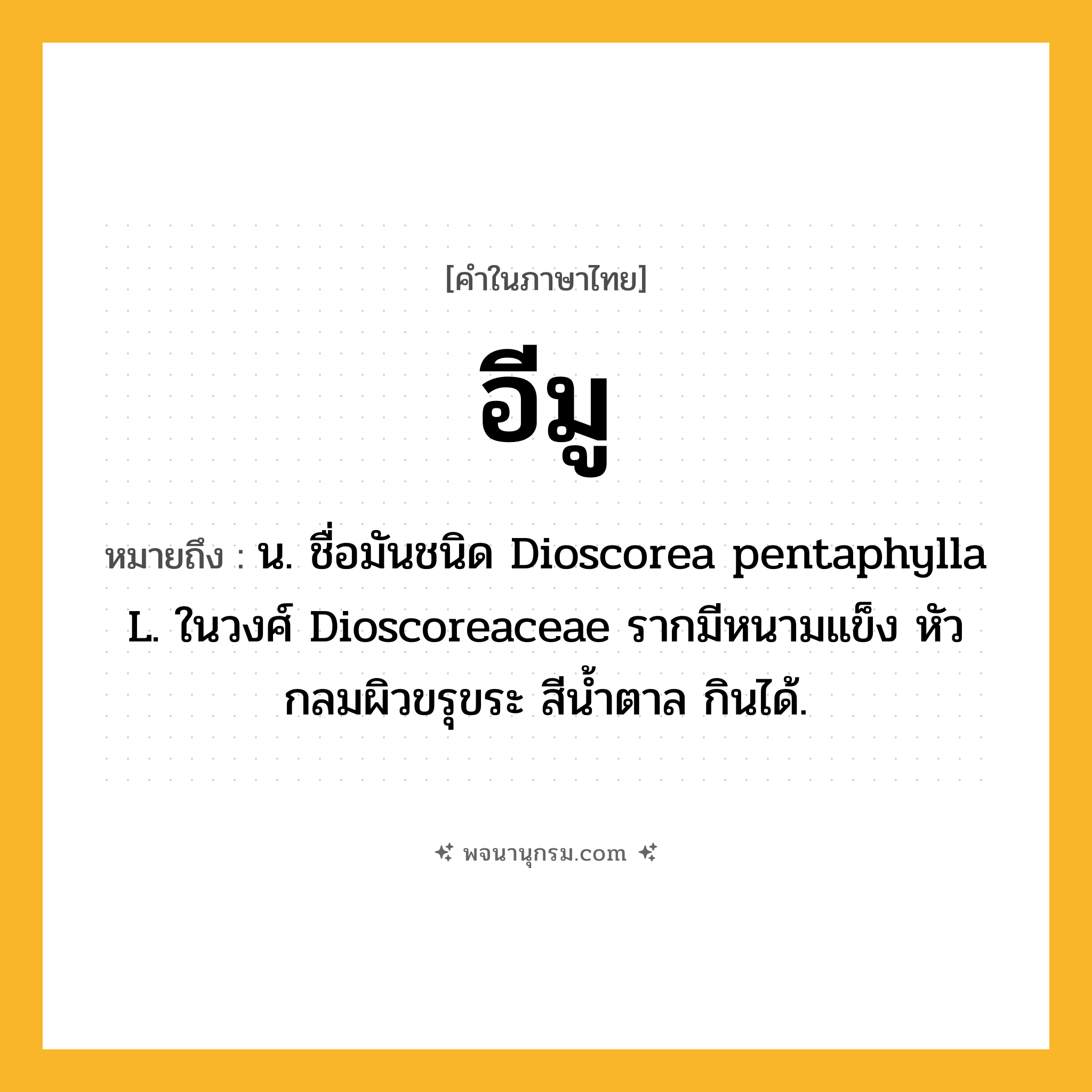 อีมู ความหมาย หมายถึงอะไร?, คำในภาษาไทย อีมู หมายถึง น. ชื่อมันชนิด Dioscorea pentaphylla L. ในวงศ์ Dioscoreaceae รากมีหนามแข็ง หัวกลมผิวขรุขระ สีนํ้าตาล กินได้.