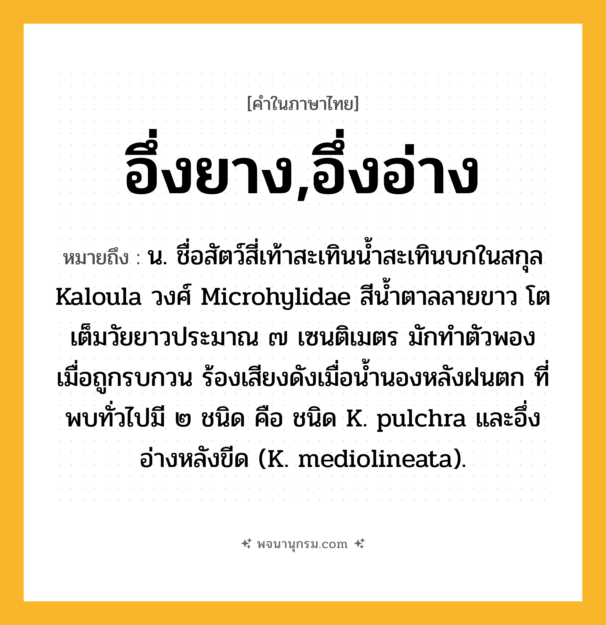 อึ่งยาง,อึ่งอ่าง ความหมาย หมายถึงอะไร?, คำในภาษาไทย อึ่งยาง,อึ่งอ่าง หมายถึง น. ชื่อสัตว์สี่เท้าสะเทินนํ้าสะเทินบกในสกุล Kaloula วงศ์ Microhylidae สีนํ้าตาลลายขาว โตเต็มวัยยาวประมาณ ๗ เซนติเมตร มักทําตัวพองเมื่อถูกรบกวน ร้องเสียงดังเมื่อนํ้านองหลังฝนตก ที่พบทั่วไปมี ๒ ชนิด คือ ชนิด K. pulchra และอึ่งอ่างหลังขีด (K. mediolineata).