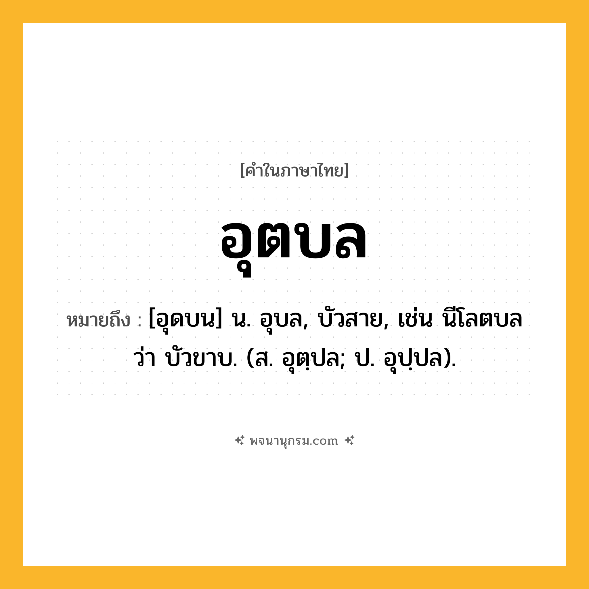 อุตบล ความหมาย หมายถึงอะไร?, คำในภาษาไทย อุตบล หมายถึง [อุดบน] น. อุบล, บัวสาย, เช่น นีโลตบล ว่า บัวขาบ. (ส. อุตฺปล; ป. อุปฺปล).