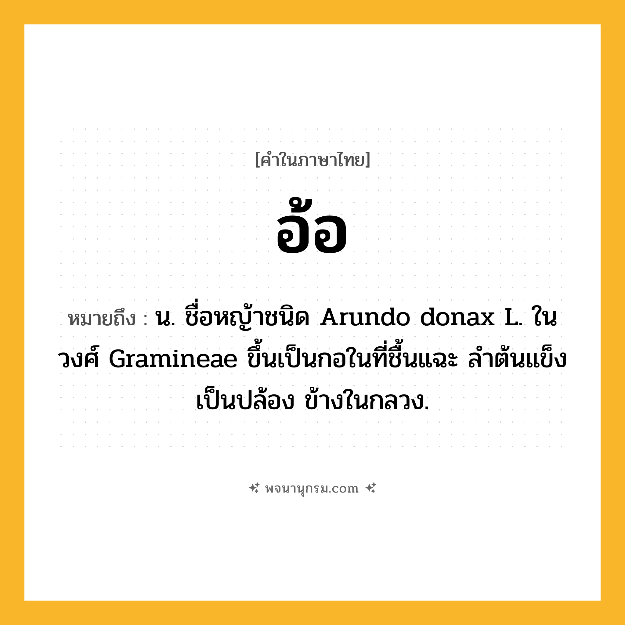 อ้อ ความหมาย หมายถึงอะไร?, คำในภาษาไทย อ้อ หมายถึง น. ชื่อหญ้าชนิด Arundo donax L. ในวงศ์ Gramineae ขึ้นเป็นกอในที่ชื้นแฉะ ลําต้นแข็งเป็นปล้อง ข้างในกลวง.