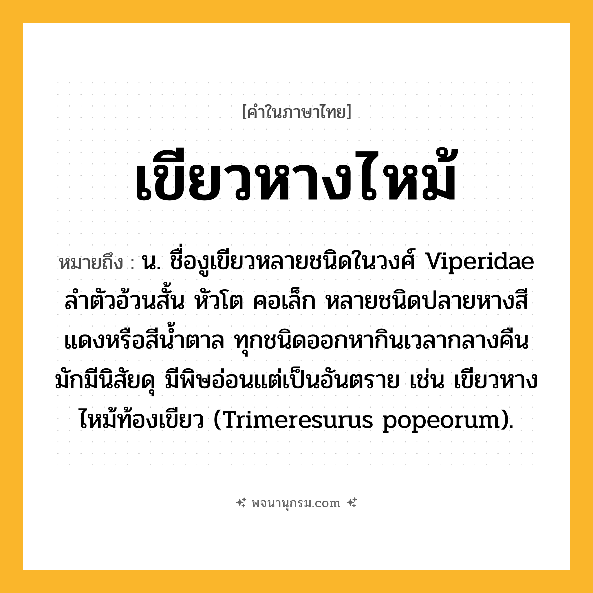 เขียวหางไหม้ ความหมาย หมายถึงอะไร?, คำในภาษาไทย เขียวหางไหม้ หมายถึง น. ชื่องูเขียวหลายชนิดในวงศ์ Viperidae ลําตัวอ้วนสั้น หัวโต คอเล็ก หลายชนิดปลายหางสีแดงหรือสีน้ำตาล ทุกชนิดออกหากินเวลากลางคืน มักมีนิสัยดุ มีพิษอ่อนแต่เป็นอันตราย เช่น เขียวหางไหม้ท้องเขียว (Trimeresurus popeorum).