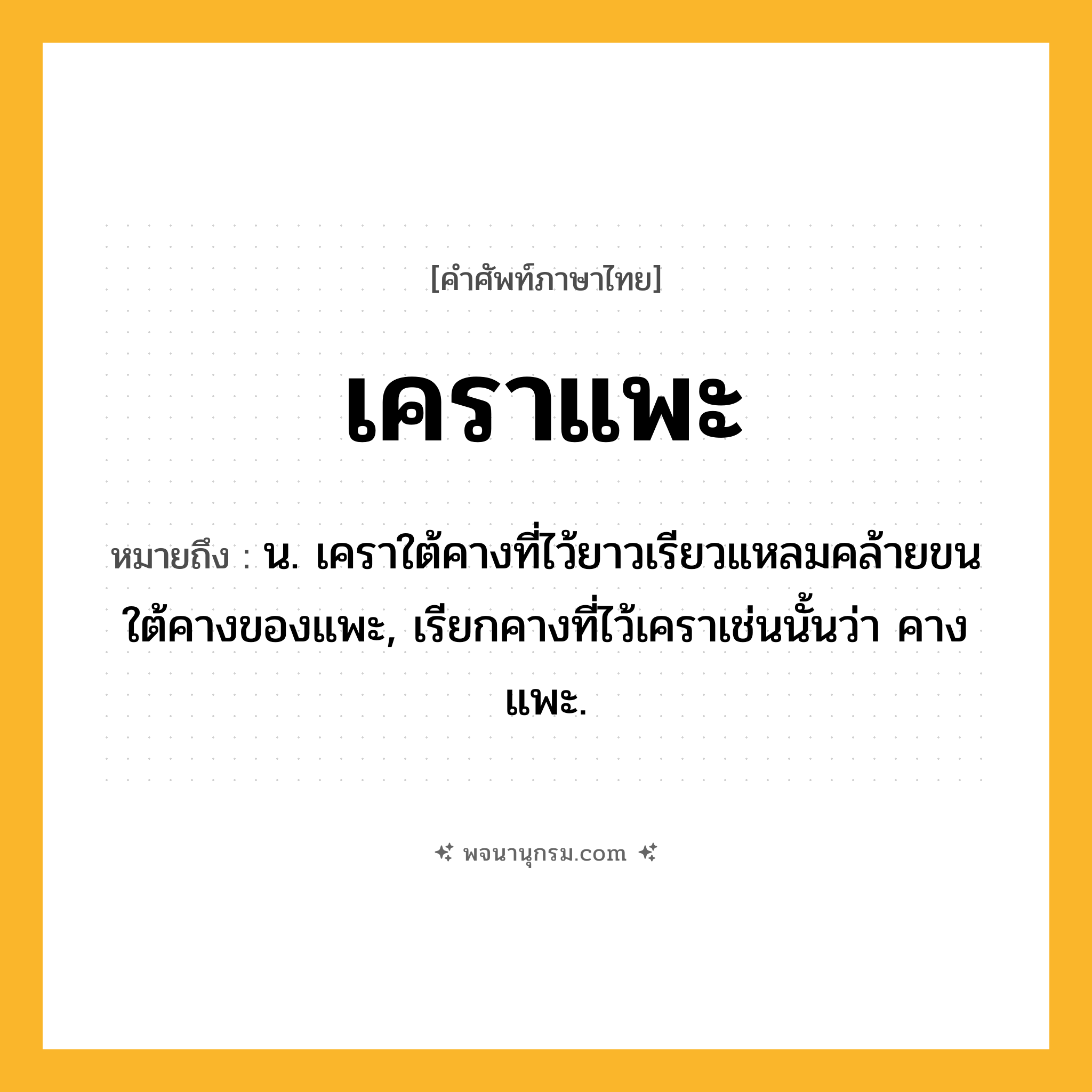 เคราแพะ ความหมาย หมายถึงอะไร?, คำในภาษาไทย เคราแพะ หมายถึง น. เคราใต้คางที่ไว้ยาวเรียวแหลมคล้ายขนใต้คางของแพะ, เรียกคางที่ไว้เคราเช่นนั้นว่า คางแพะ.