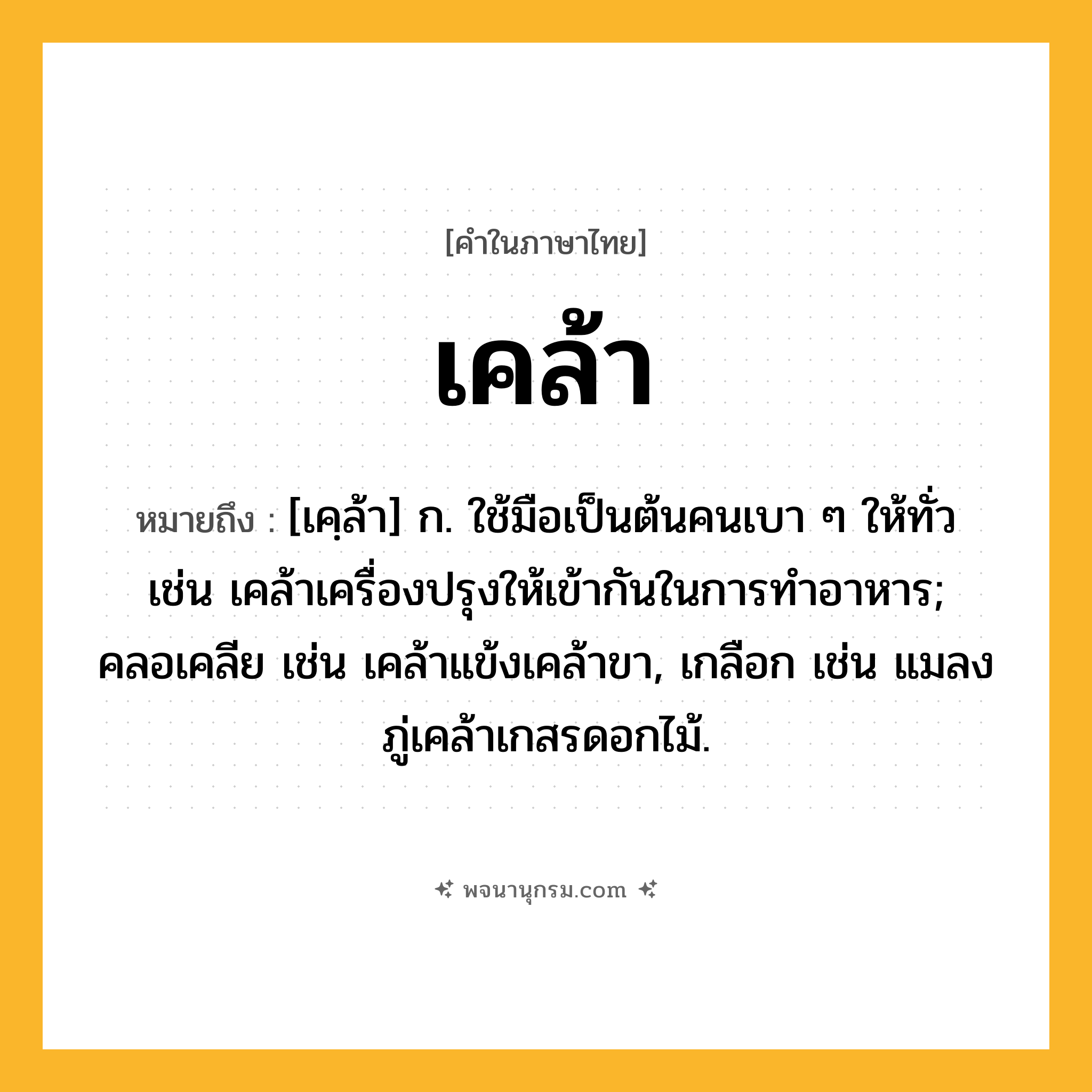 เคล้า ความหมาย หมายถึงอะไร?, คำในภาษาไทย เคล้า หมายถึง [เคฺล้า] ก. ใช้มือเป็นต้นคนเบา ๆ ให้ทั่ว เช่น เคล้าเครื่องปรุงให้เข้ากันในการทำอาหาร; คลอเคลีย เช่น เคล้าแข้งเคล้าขา, เกลือก เช่น แมลงภู่เคล้าเกสรดอกไม้.