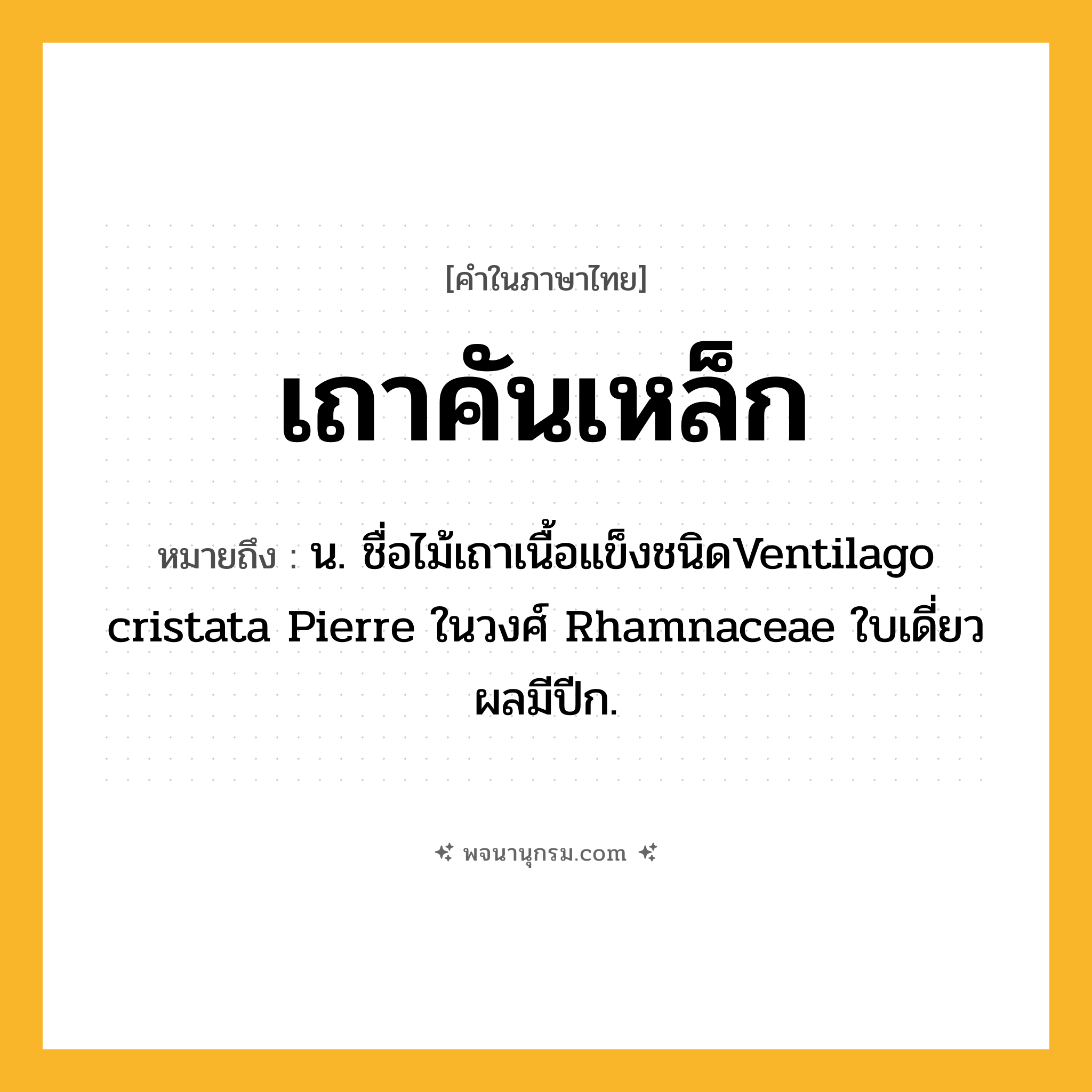 เถาคันเหล็ก ความหมาย หมายถึงอะไร?, คำในภาษาไทย เถาคันเหล็ก หมายถึง น. ชื่อไม้เถาเนื้อแข็งชนิดVentilago cristata Pierre ในวงศ์ Rhamnaceae ใบเดี่ยว ผลมีปีก.