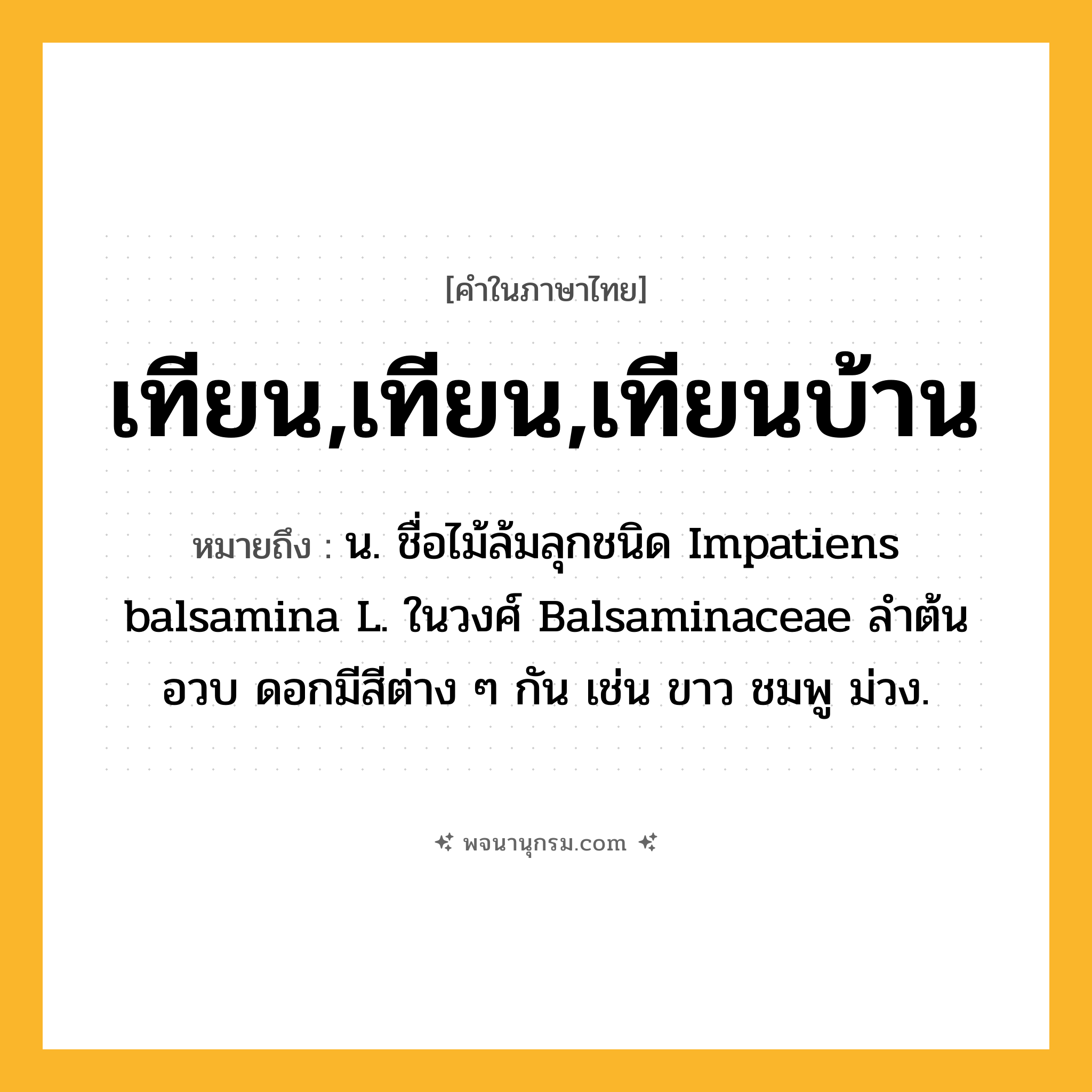 เทียน,เทียน,เทียนบ้าน ความหมาย หมายถึงอะไร?, คำในภาษาไทย เทียน,เทียน,เทียนบ้าน หมายถึง น. ชื่อไม้ล้มลุกชนิด Impatiens balsamina L. ในวงศ์ Balsaminaceae ลําต้นอวบ ดอกมีสีต่าง ๆ กัน เช่น ขาว ชมพู ม่วง.