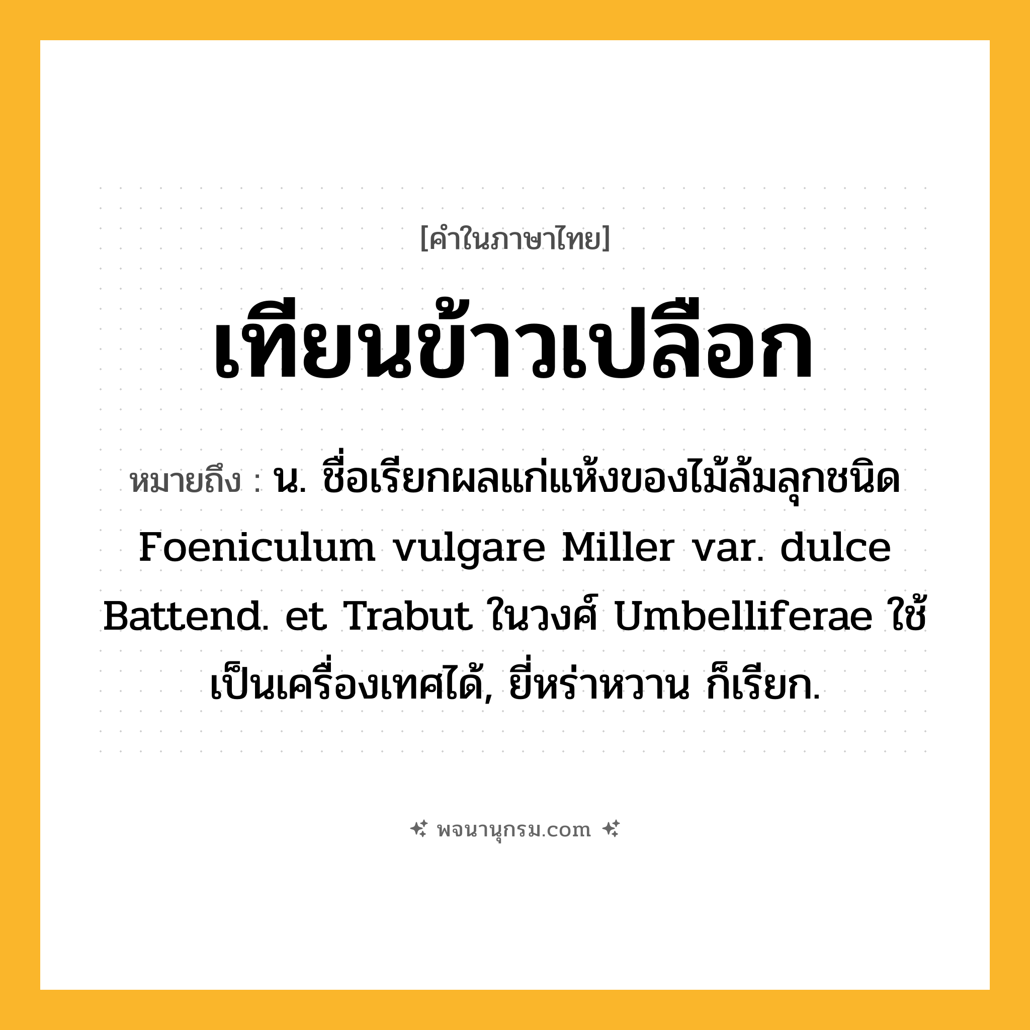 เทียนข้าวเปลือก ความหมาย หมายถึงอะไร?, คำในภาษาไทย เทียนข้าวเปลือก หมายถึง น. ชื่อเรียกผลแก่แห้งของไม้ล้มลุกชนิด Foeniculum vulgare Miller var. dulce Battend. et Trabut ในวงศ์ Umbelliferae ใช้เป็นเครื่องเทศได้, ยี่หร่าหวาน ก็เรียก.