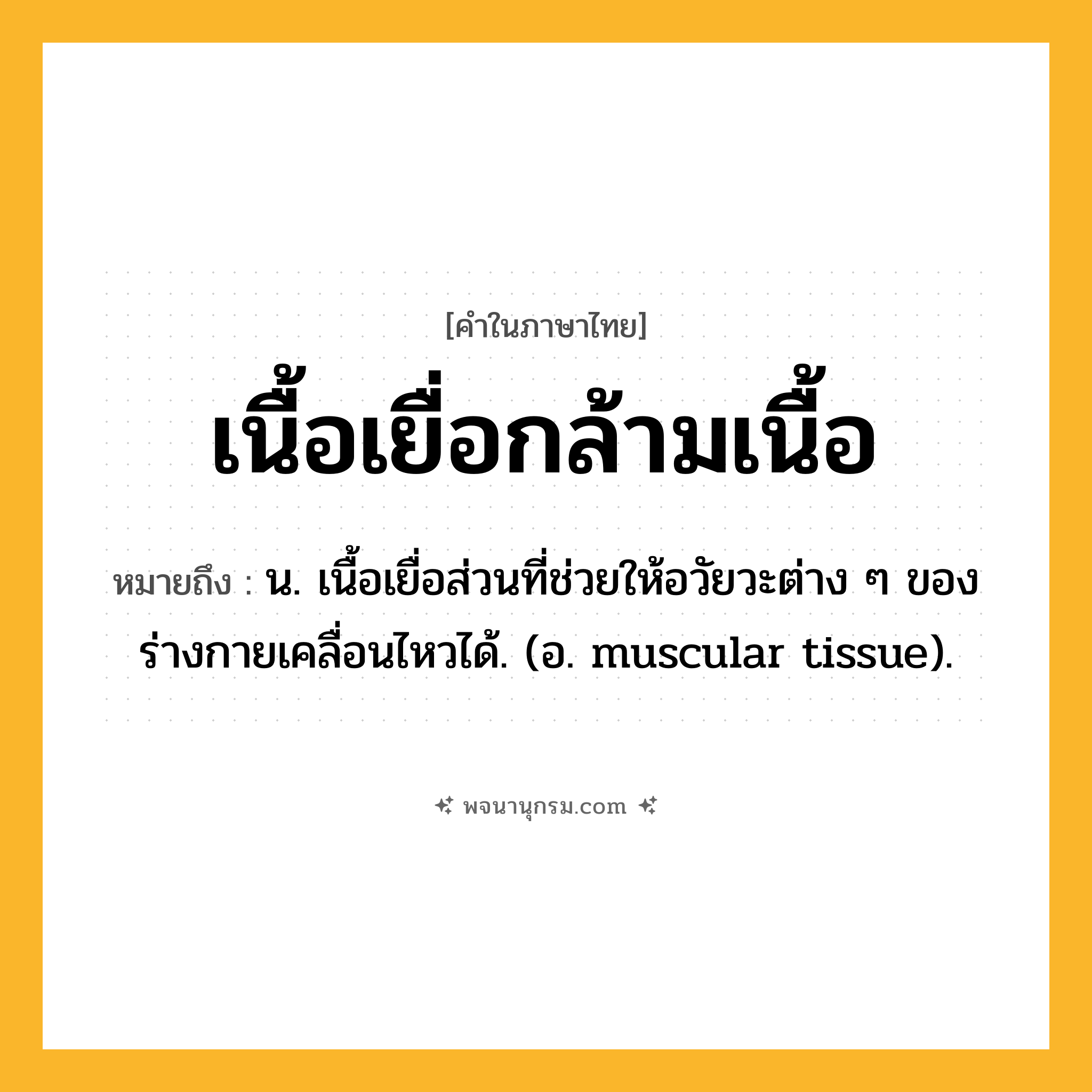 เนื้อเยื่อกล้ามเนื้อ ความหมาย หมายถึงอะไร?, คำในภาษาไทย เนื้อเยื่อกล้ามเนื้อ หมายถึง น. เนื้อเยื่อส่วนที่ช่วยให้อวัยวะต่าง ๆ ของร่างกายเคลื่อนไหวได้. (อ. muscular tissue).