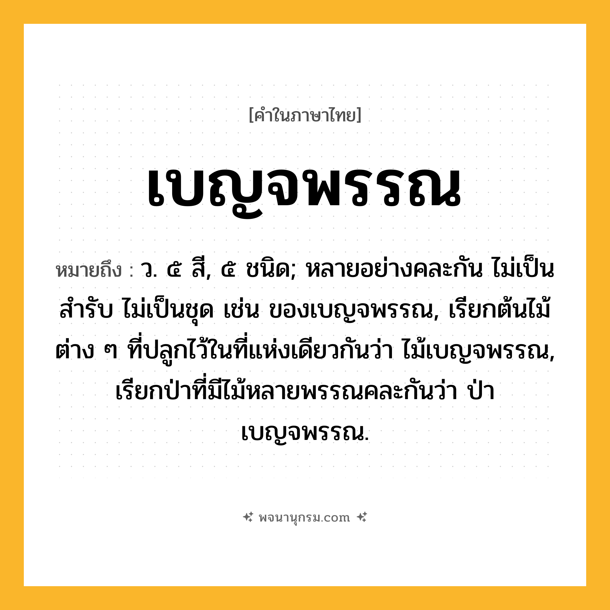 เบญจพรรณ ความหมาย หมายถึงอะไร?, คำในภาษาไทย เบญจพรรณ หมายถึง ว. ๕ สี, ๕ ชนิด; หลายอย่างคละกัน ไม่เป็นสํารับ ไม่เป็นชุด เช่น ของเบญจพรรณ, เรียกต้นไม้ต่าง ๆ ที่ปลูกไว้ในที่แห่งเดียวกันว่า ไม้เบญจพรรณ, เรียกป่าที่มีไม้หลายพรรณคละกันว่า ป่าเบญจพรรณ.