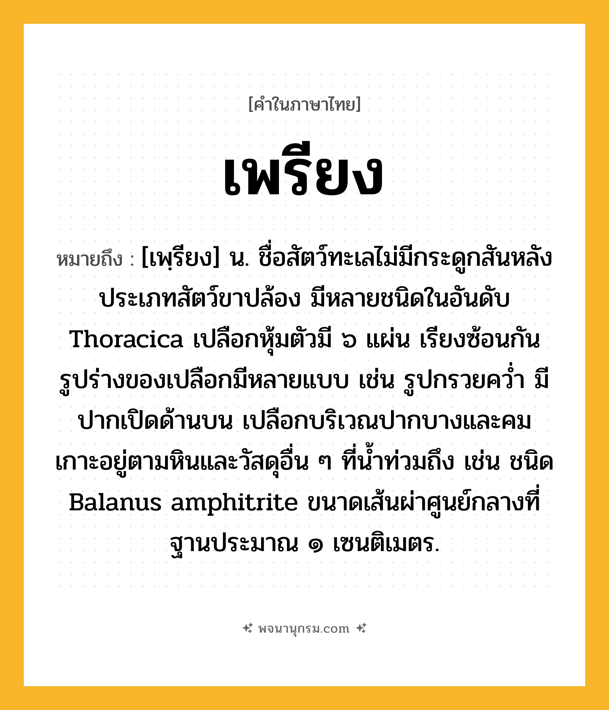 เพรียง ความหมาย หมายถึงอะไร?, คำในภาษาไทย เพรียง หมายถึง [เพฺรียง] น. ชื่อสัตว์ทะเลไม่มีกระดูกสันหลังประเภทสัตว์ขาปล้อง มีหลายชนิดในอันดับ Thoracica เปลือกหุ้มตัวมี ๖ แผ่น เรียงซ้อนกัน รูปร่างของเปลือกมีหลายแบบ เช่น รูปกรวยควํ่า มีปากเปิดด้านบน เปลือกบริเวณปากบางและคม เกาะอยู่ตามหินและวัสดุอื่น ๆ ที่นํ้าท่วมถึง เช่น ชนิด Balanus amphitrite ขนาดเส้นผ่าศูนย์กลางที่ฐานประมาณ ๑ เซนติเมตร.