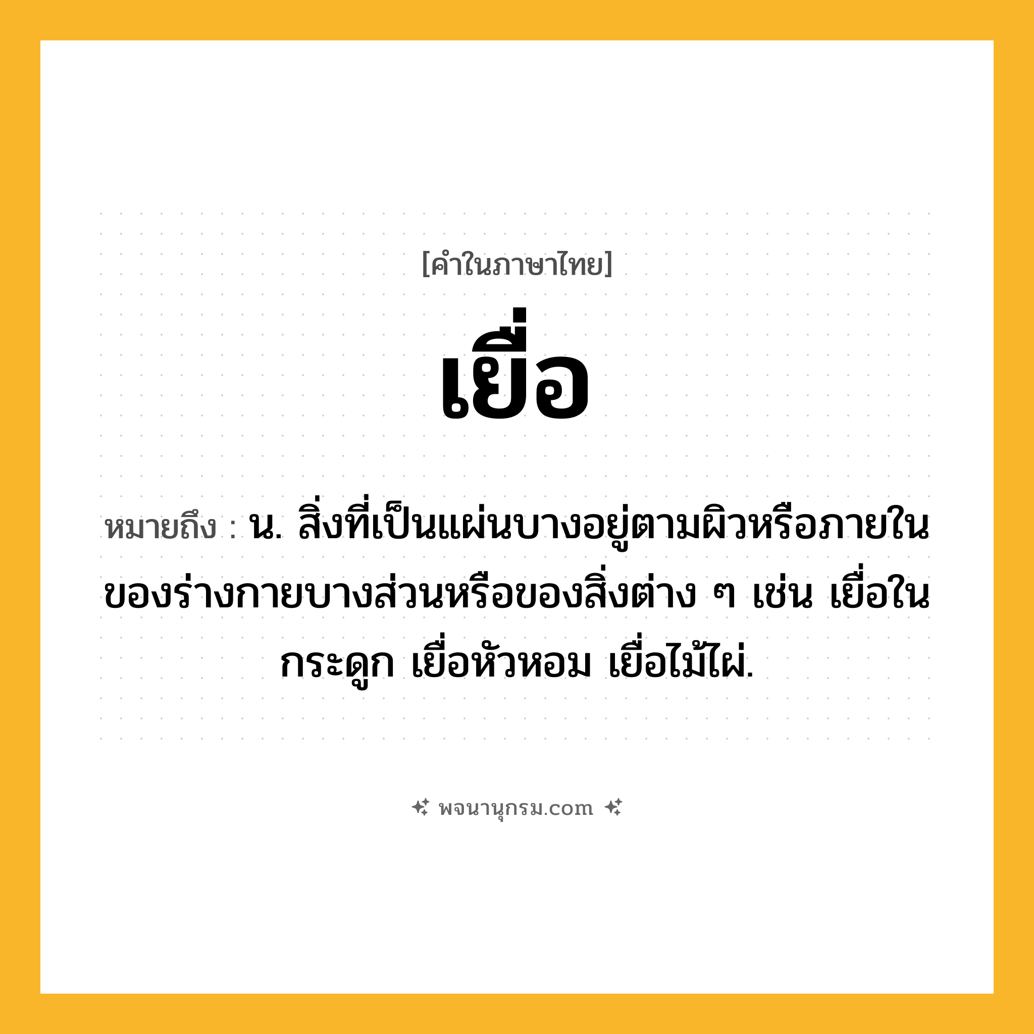 เยื่อ ความหมาย หมายถึงอะไร?, คำในภาษาไทย เยื่อ หมายถึง น. สิ่งที่เป็นแผ่นบางอยู่ตามผิวหรือภายในของร่างกายบางส่วนหรือของสิ่งต่าง ๆ เช่น เยื่อในกระดูก เยื่อหัวหอม เยื่อไม้ไผ่.