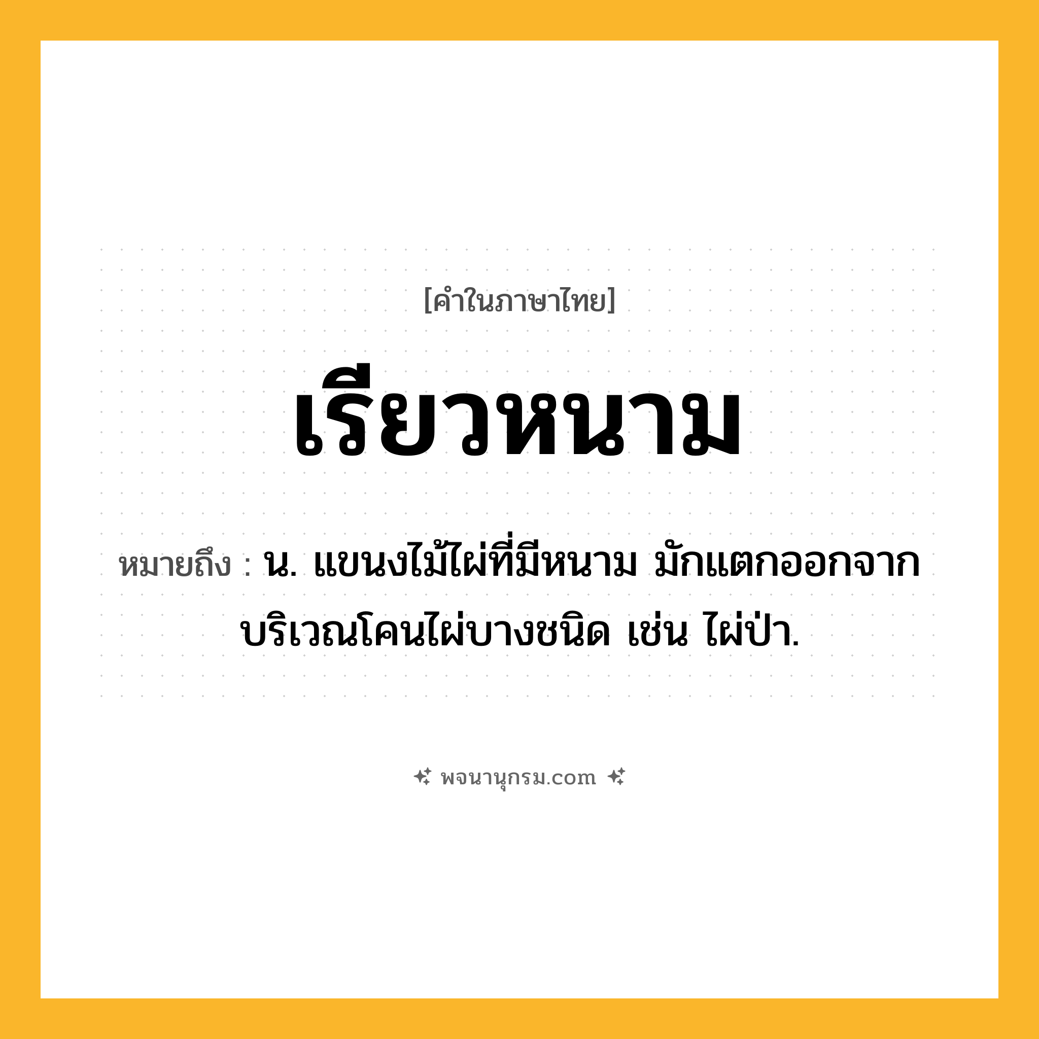 เรียวหนาม ความหมาย หมายถึงอะไร?, คำในภาษาไทย เรียวหนาม หมายถึง น. แขนงไม้ไผ่ที่มีหนาม มักแตกออกจากบริเวณโคนไผ่บางชนิด เช่น ไผ่ป่า.