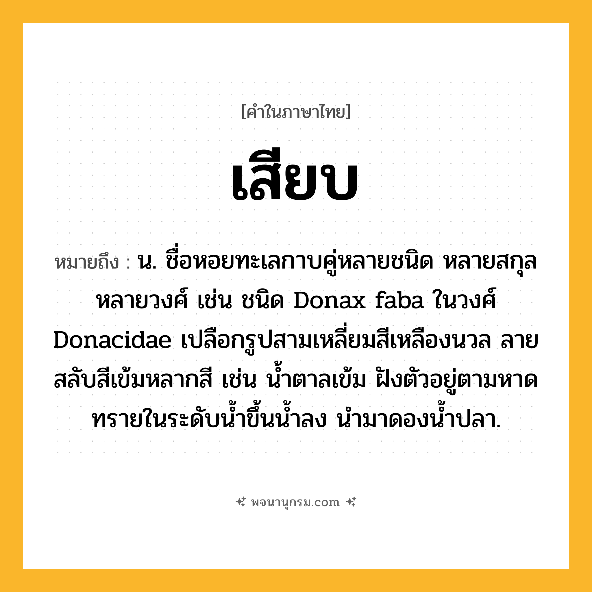 เสียบ ความหมาย หมายถึงอะไร?, คำในภาษาไทย เสียบ หมายถึง น. ชื่อหอยทะเลกาบคู่หลายชนิด หลายสกุล หลายวงศ์ เช่น ชนิด Donax faba ในวงศ์ Donacidae เปลือกรูปสามเหลี่ยมสีเหลืองนวล ลายสลับสีเข้มหลากสี เช่น นํ้าตาลเข้ม ฝังตัวอยู่ตามหาดทรายในระดับนํ้าขึ้นนํ้าลง นํามาดองนํ้าปลา.