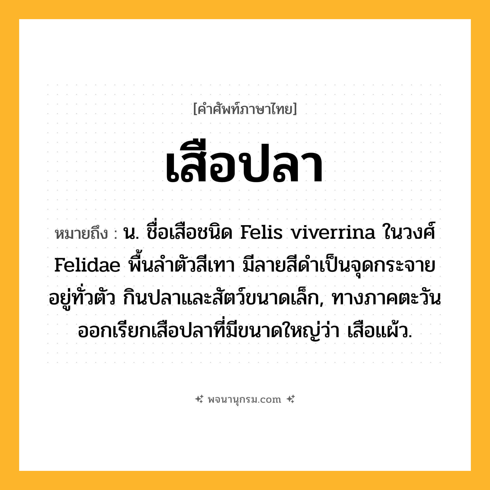 เสือปลา ความหมาย หมายถึงอะไร?, คำในภาษาไทย เสือปลา หมายถึง น. ชื่อเสือชนิด Felis viverrina ในวงศ์ Felidae พื้นลําตัวสีเทา มีลายสีดําเป็นจุดกระจายอยู่ทั่วตัว กินปลาและสัตว์ขนาดเล็ก, ทางภาคตะวันออกเรียกเสือปลาที่มีขนาดใหญ่ว่า เสือแผ้ว.