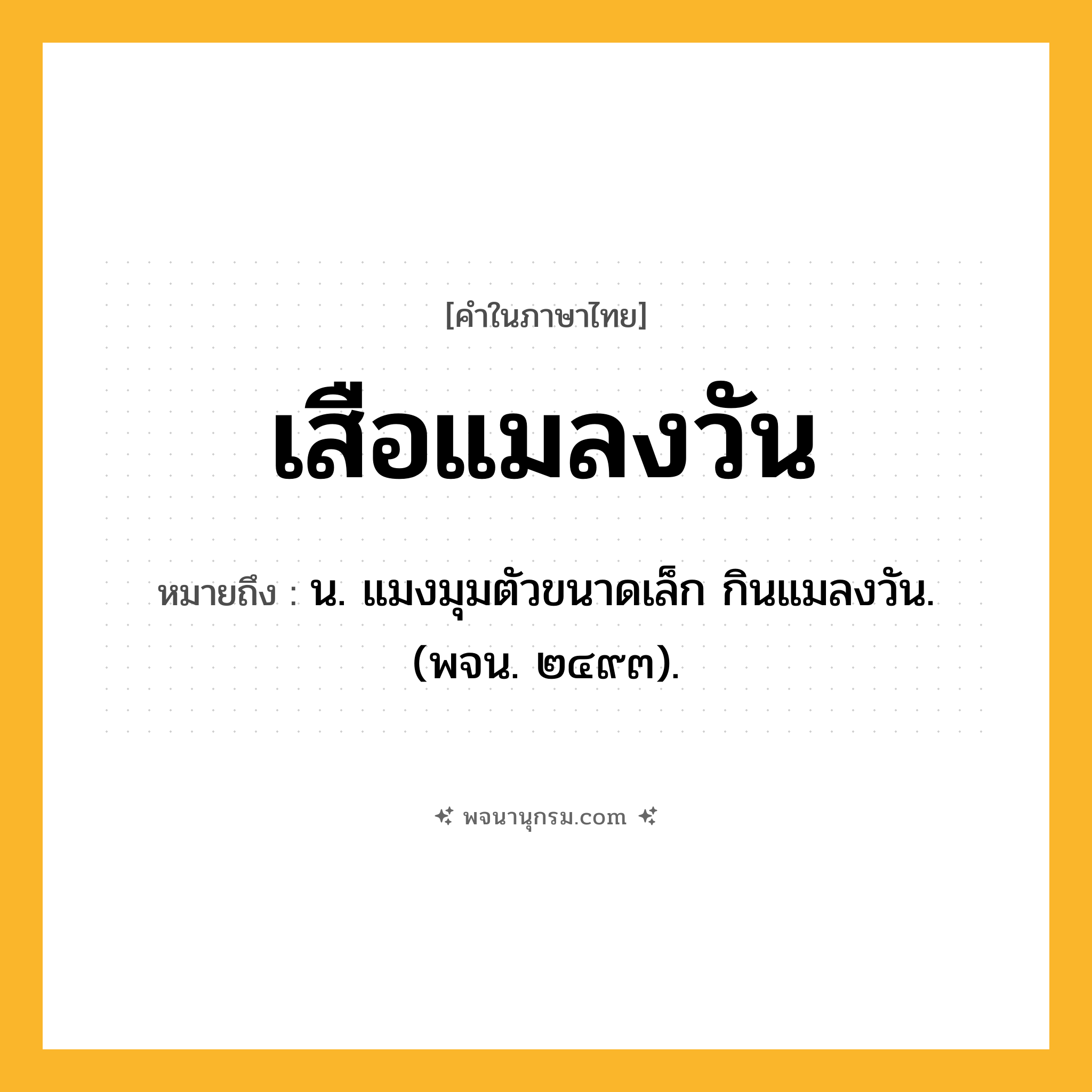 เสือแมลงวัน ความหมาย หมายถึงอะไร?, คำในภาษาไทย เสือแมลงวัน หมายถึง น. แมงมุมตัวขนาดเล็ก กินแมลงวัน. (พจน. ๒๔๙๓).