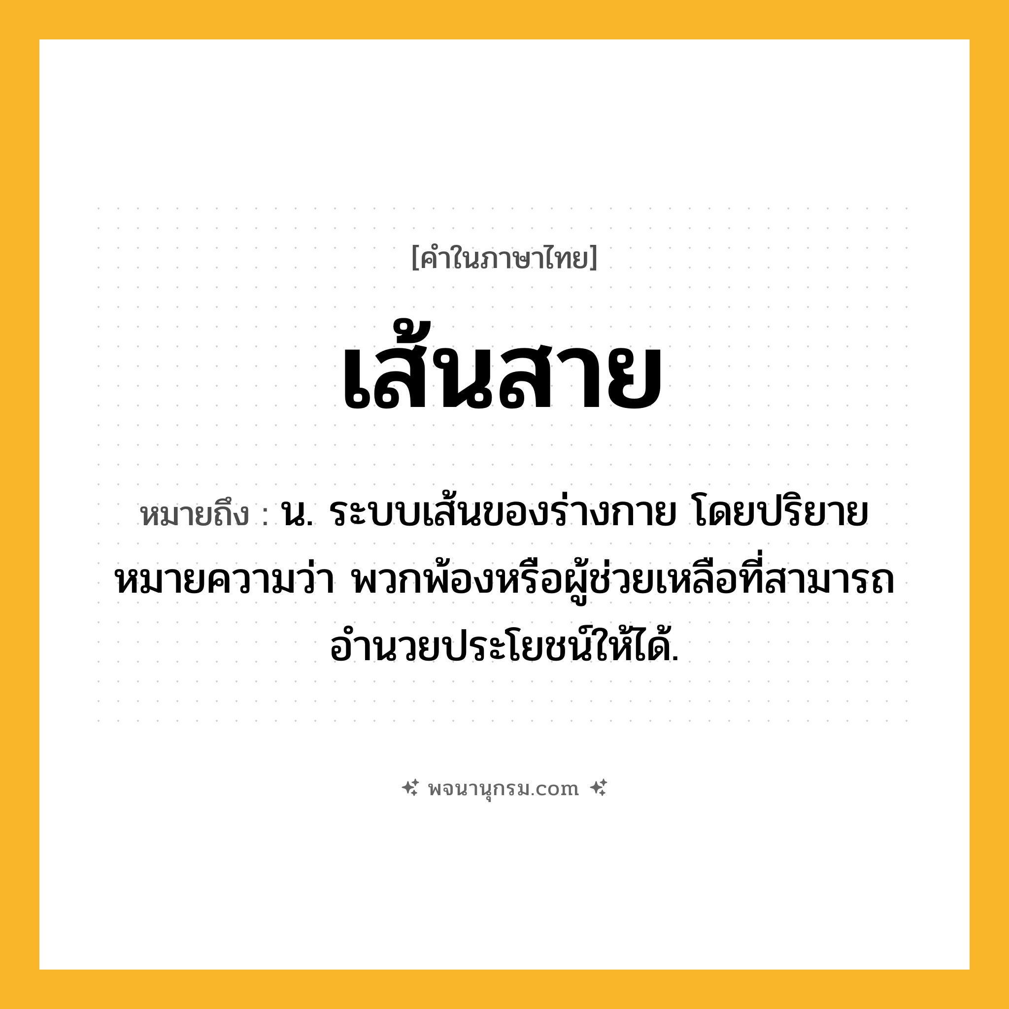 เส้นสาย ความหมาย หมายถึงอะไร?, คำในภาษาไทย เส้นสาย หมายถึง น. ระบบเส้นของร่างกาย โดยปริยายหมายความว่า พวกพ้องหรือผู้ช่วยเหลือที่สามารถอำนวยประโยชน์ให้ได้.