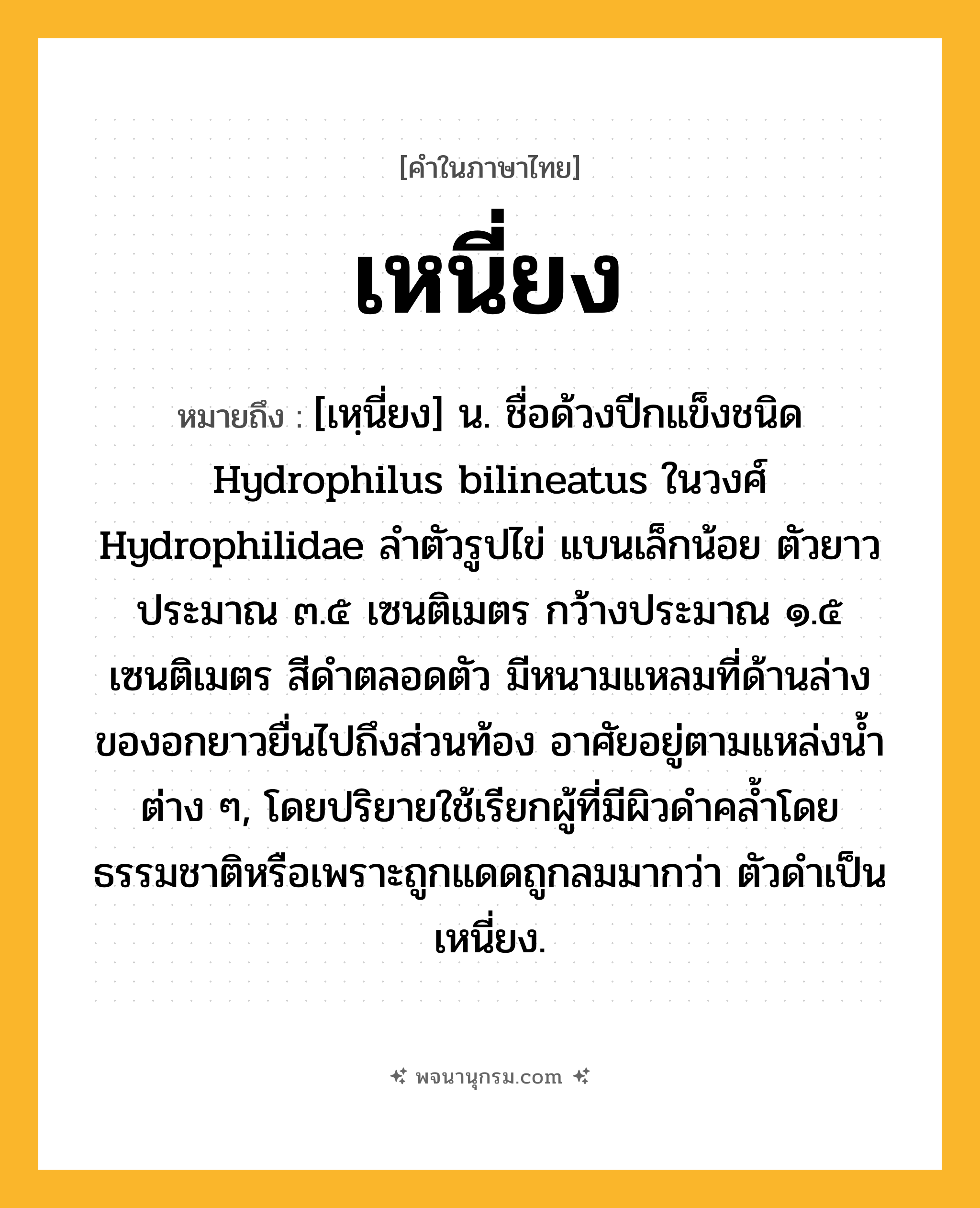 เหนี่ยง ความหมาย หมายถึงอะไร?, คำในภาษาไทย เหนี่ยง หมายถึง [เหฺนี่ยง] น. ชื่อด้วงปีกแข็งชนิด Hydrophilus bilineatus ในวงศ์ Hydrophilidae ลําตัวรูปไข่ แบนเล็กน้อย ตัวยาวประมาณ ๓.๕ เซนติเมตร กว้างประมาณ ๑.๕ เซนติเมตร สีดําตลอดตัว มีหนามแหลมที่ด้านล่างของอกยาวยื่นไปถึงส่วนท้อง อาศัยอยู่ตามแหล่งนํ้าต่าง ๆ, โดยปริยายใช้เรียกผู้ที่มีผิวดำคล้ำโดยธรรมชาติหรือเพราะถูกแดดถูกลมมากว่า ตัวดำเป็นเหนี่ยง.